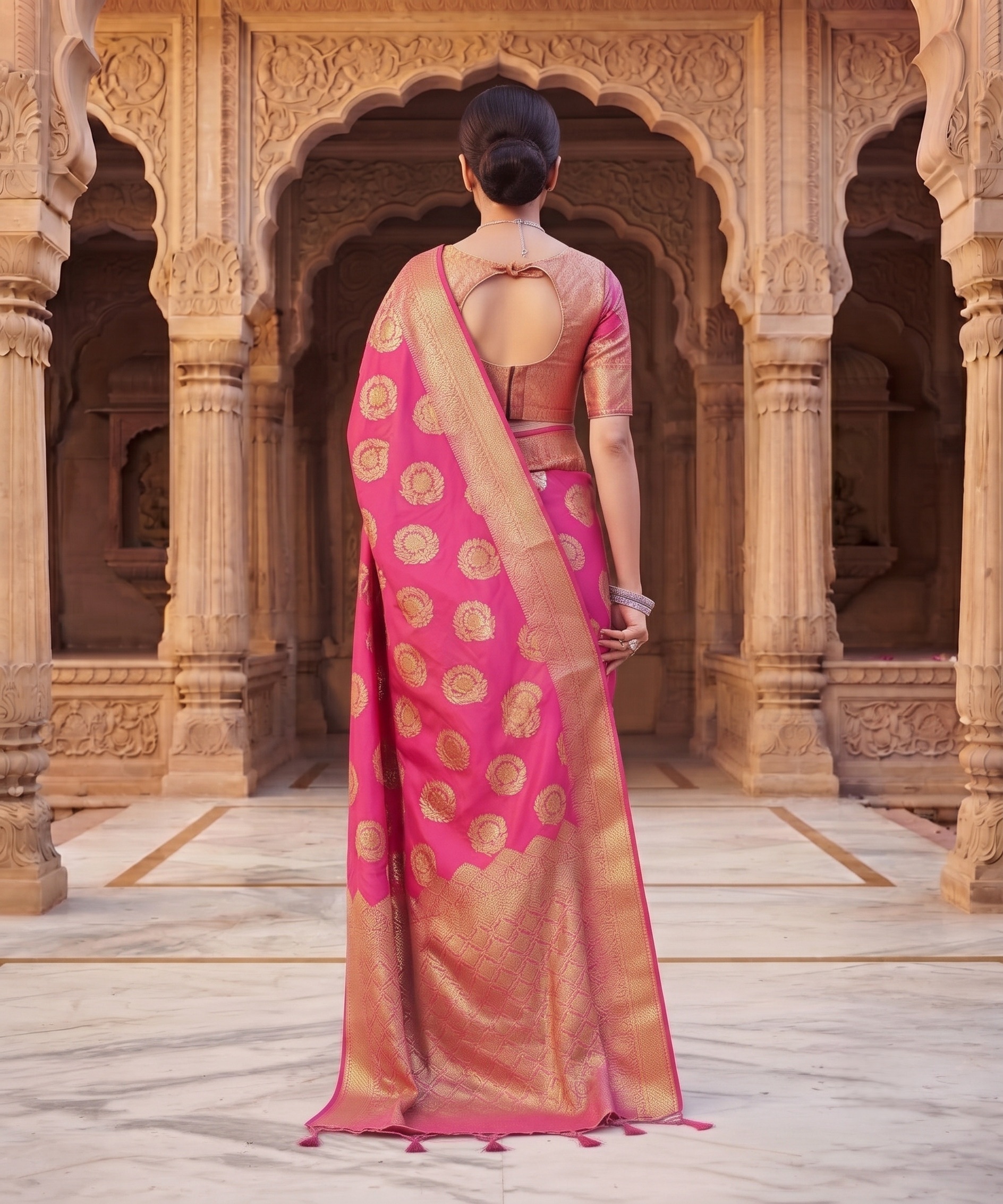 Rani Pink Floral Buti Zari Woven Fendy Satin Saree — alternate view