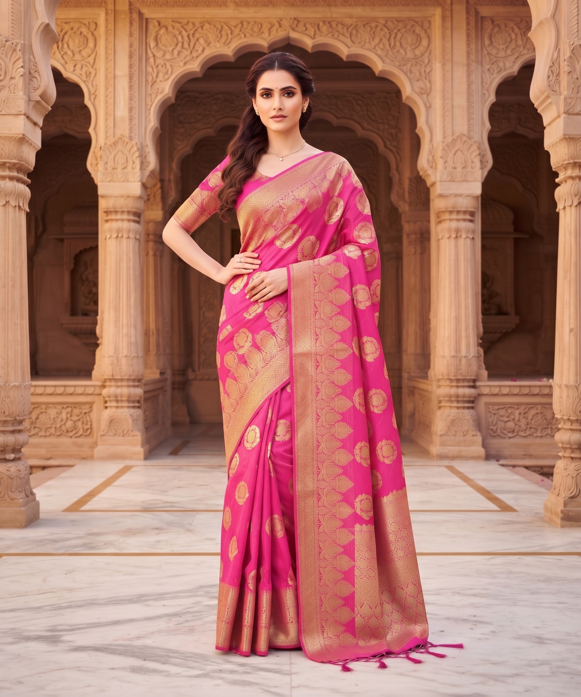 Rani Pink Floral Buti Zari Woven Fendy Satin Saree