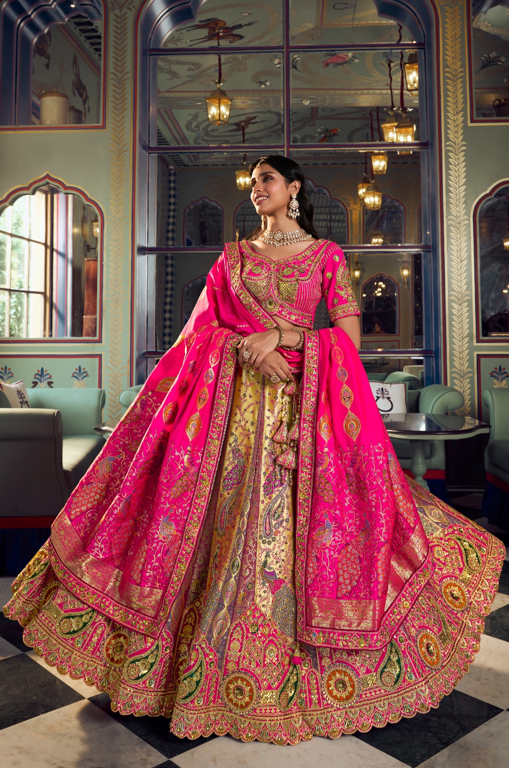 Rani Pink Floral Embroidery Banarasi Silk Lehenga Choli