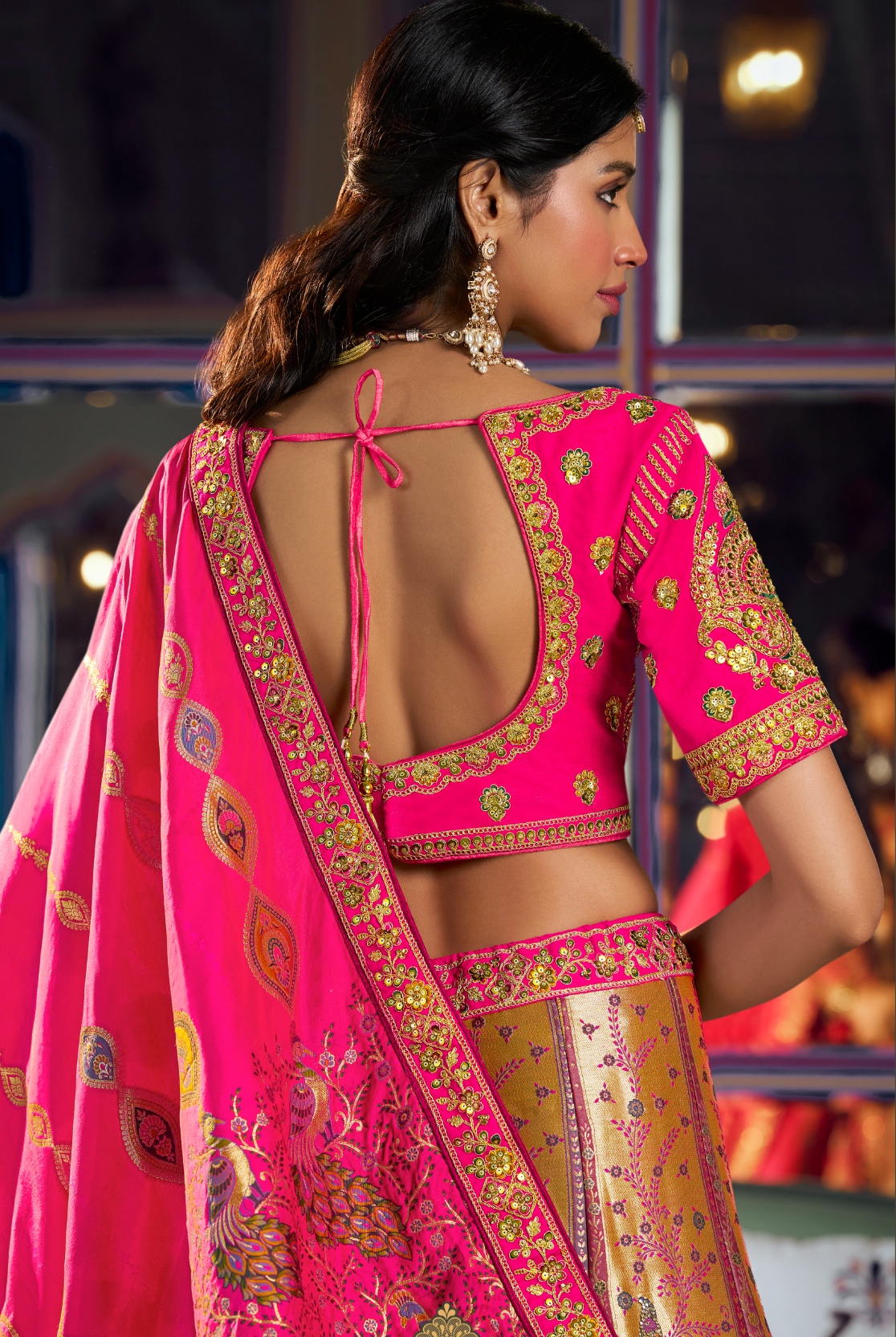 Rani Pink Floral Embroidery Banarasi Silk Lehenga Choli — alternate view