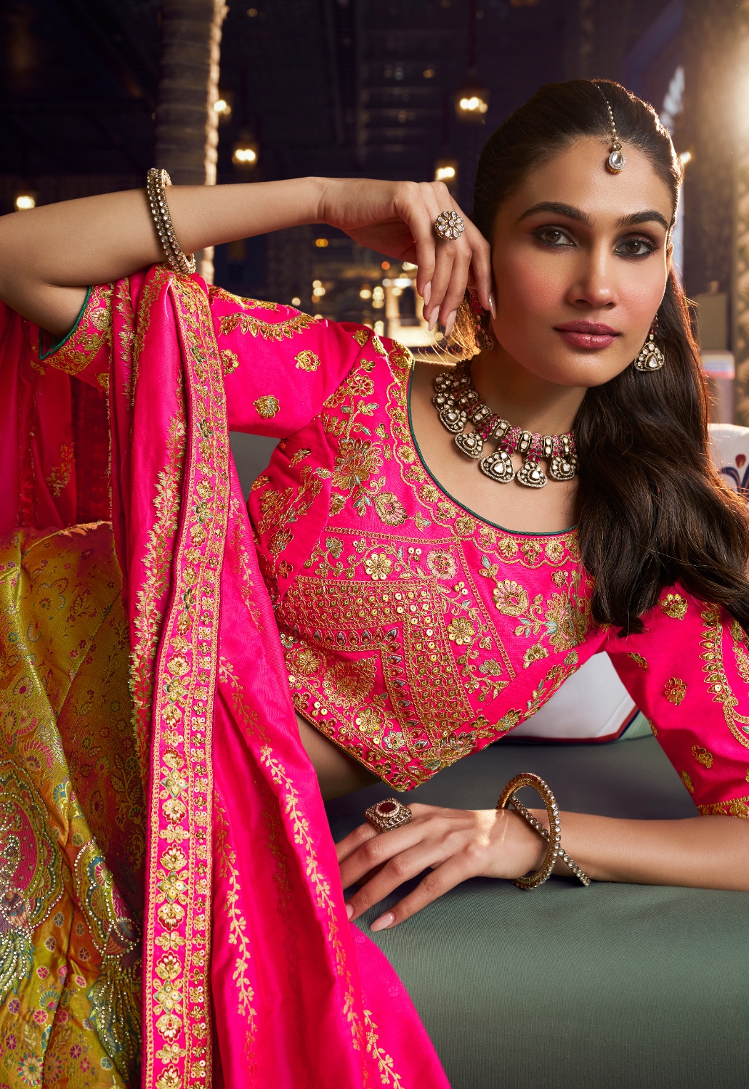 Rani Pink Floral Embroidery Banarasi Silk Lehenga Choli