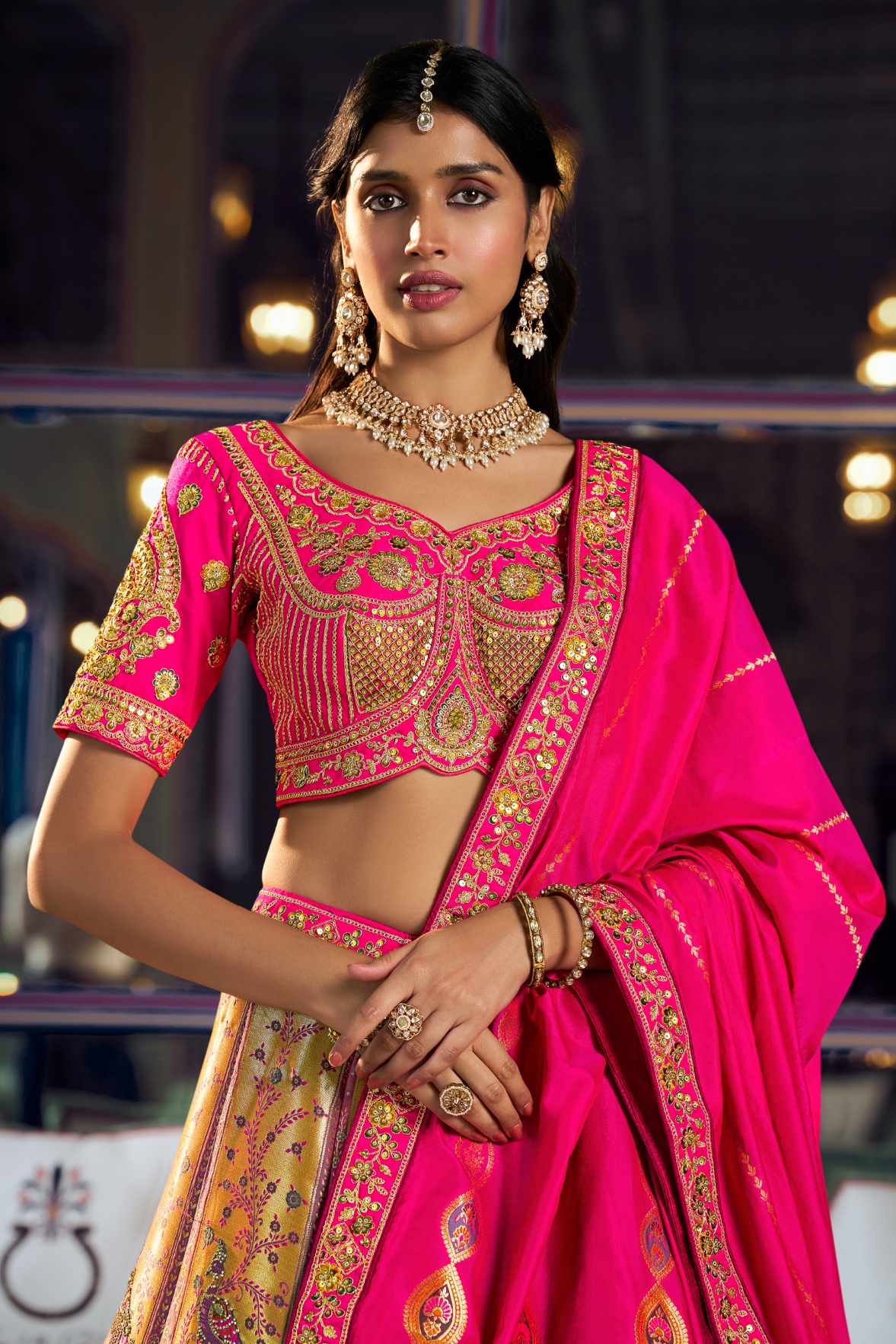 Rani Pink Floral Embroidery Banarasi Silk Lehenga Choli