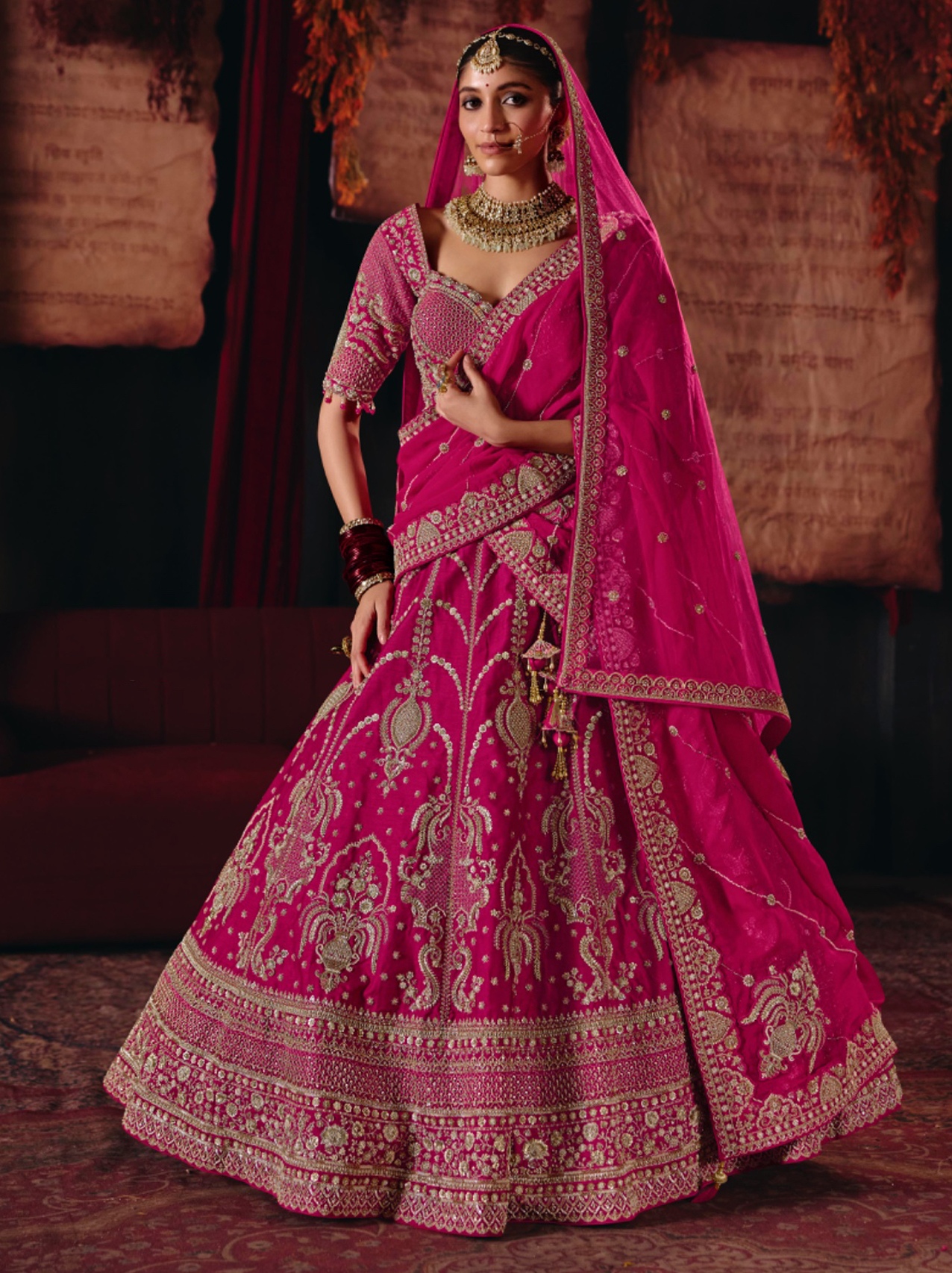 Rani Pink Floral Silk Flared Lehenga Choli