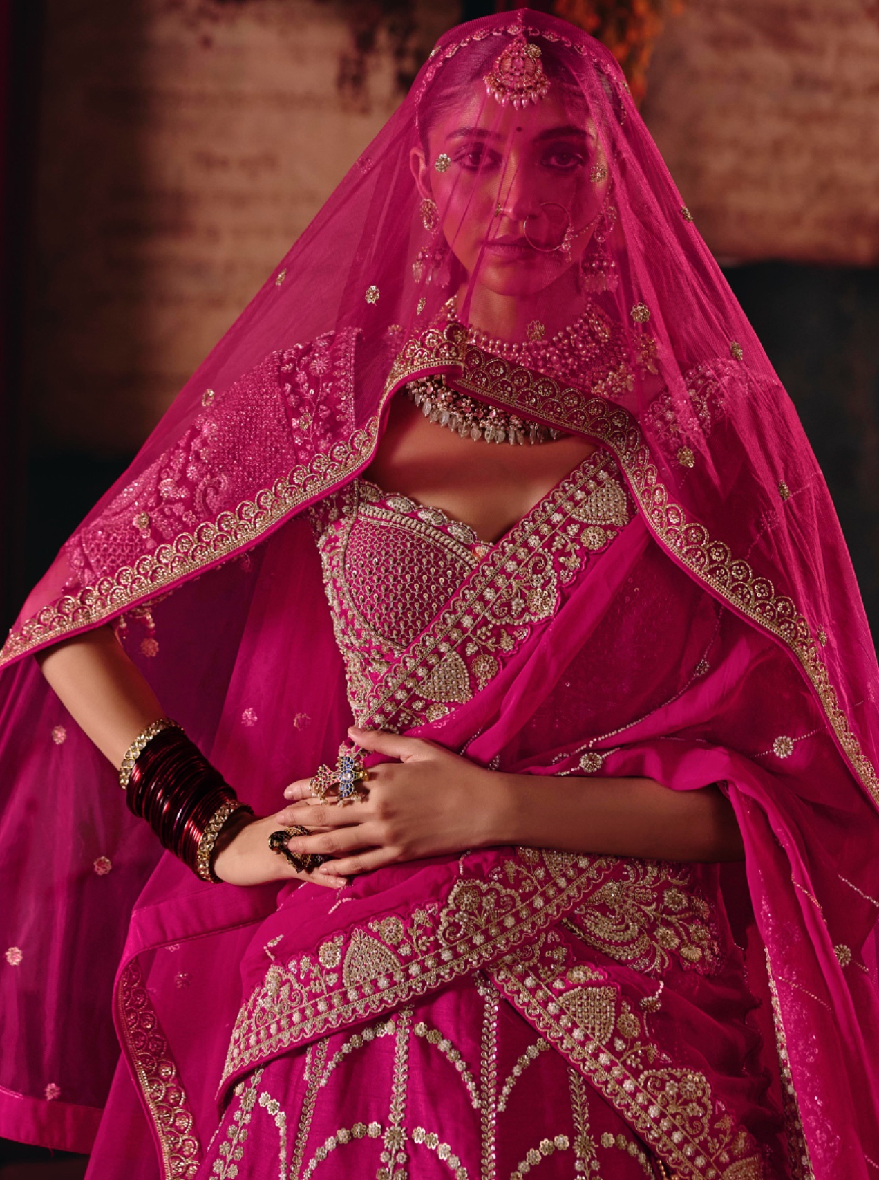 Rani Pink Floral Silk Flared Lehenga Choli