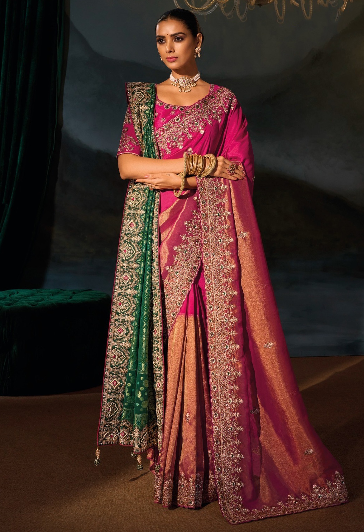 Rani Pink Floral Zari Thread Kanchipuram Saree
