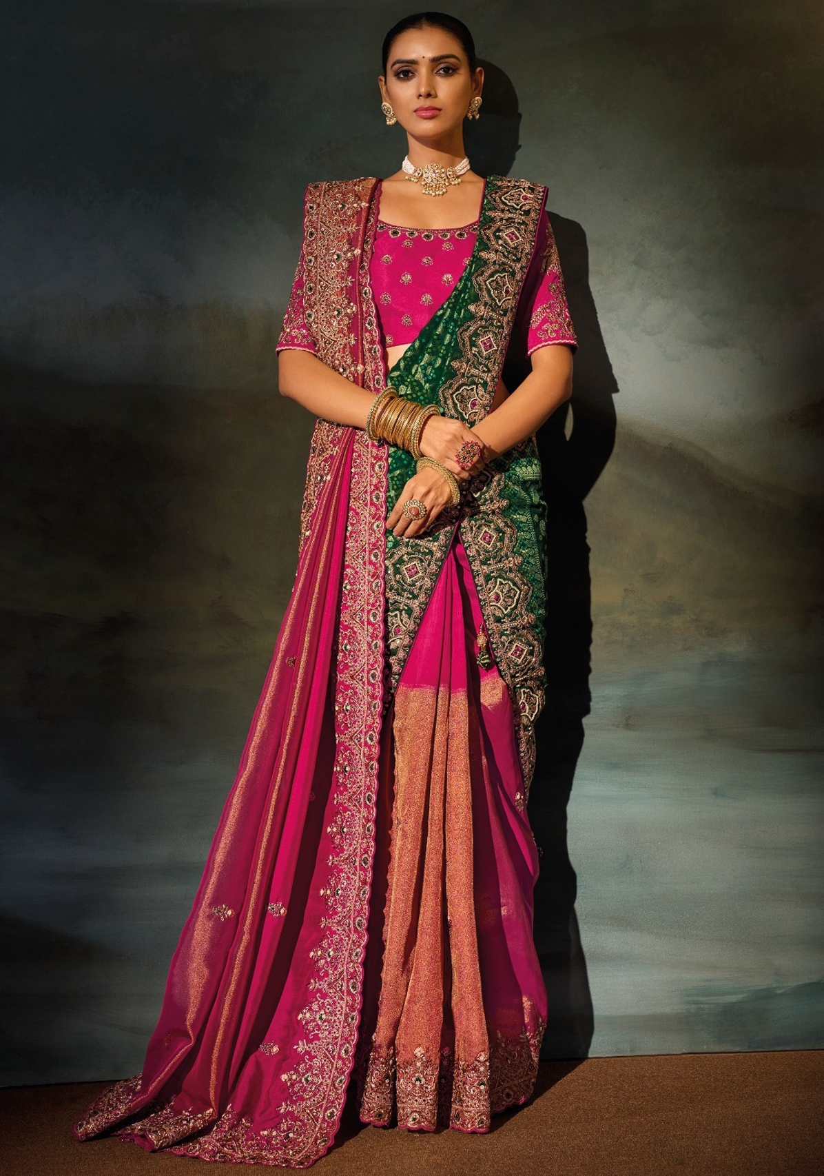 Rani Pink Floral Zari Thread Kanchipuram Saree