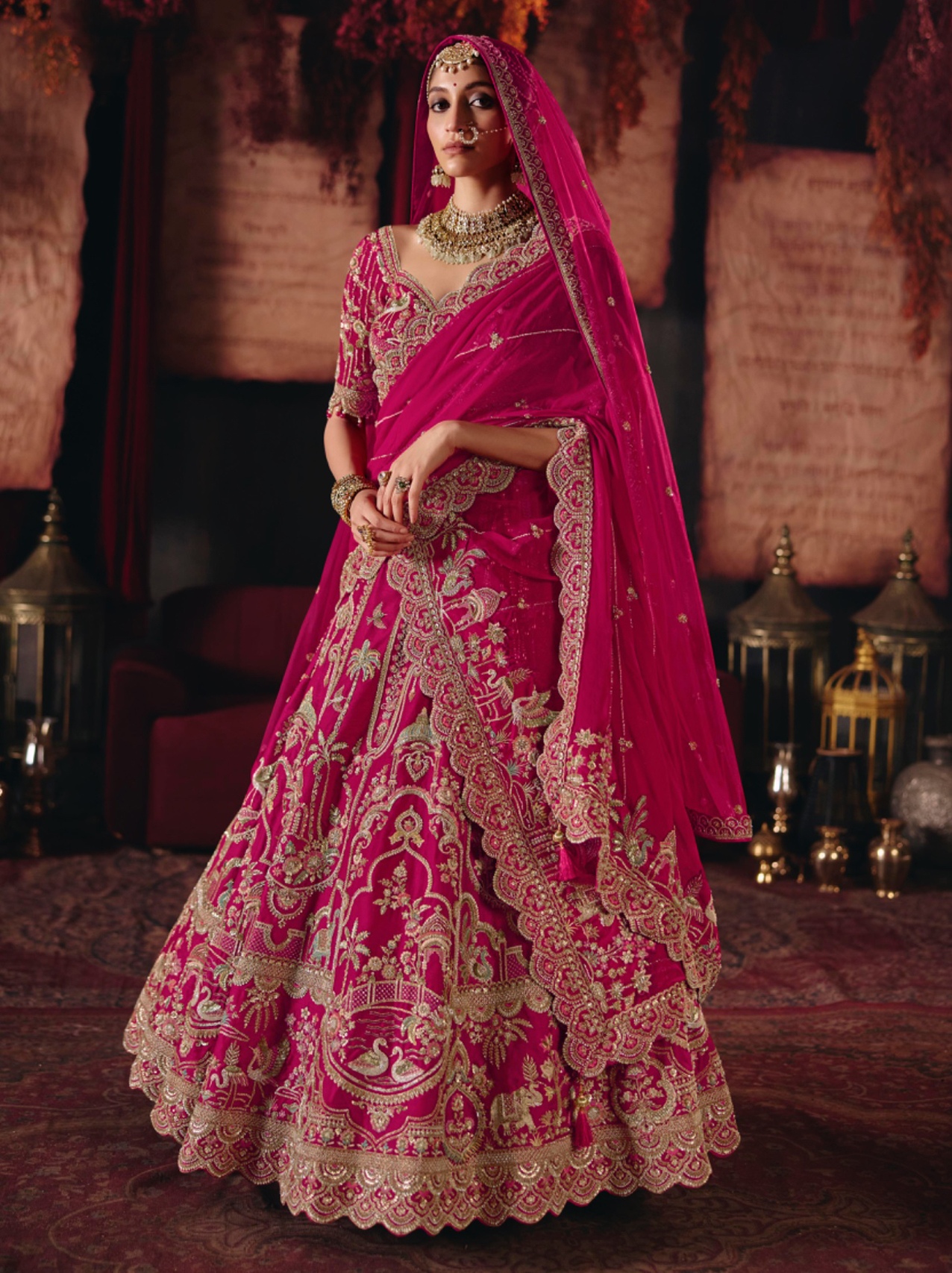 Rani Pink Geometric Silk Flared Lehenga Choli