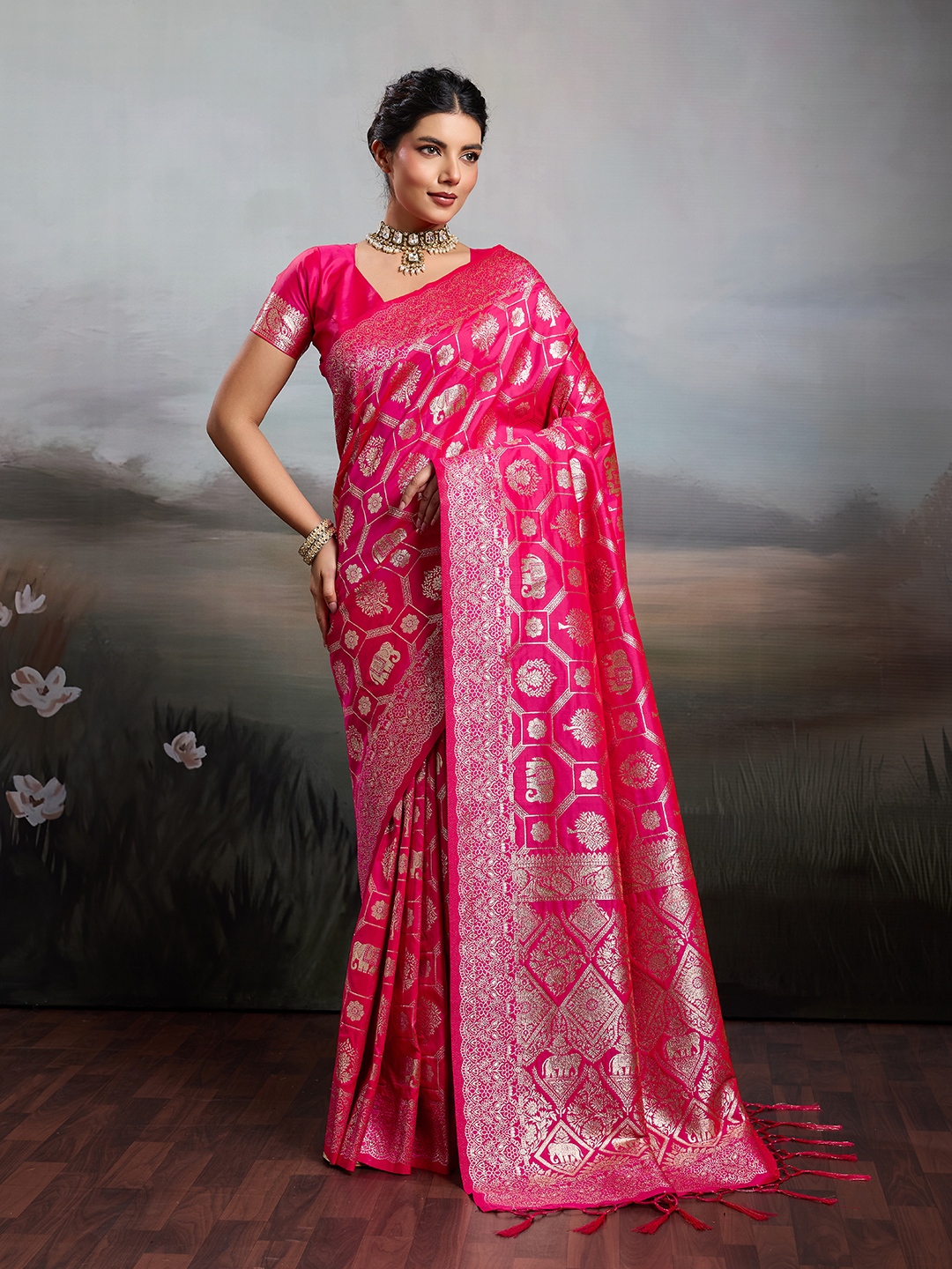 Rani Pink Geometric Zari Silk Blend Saree