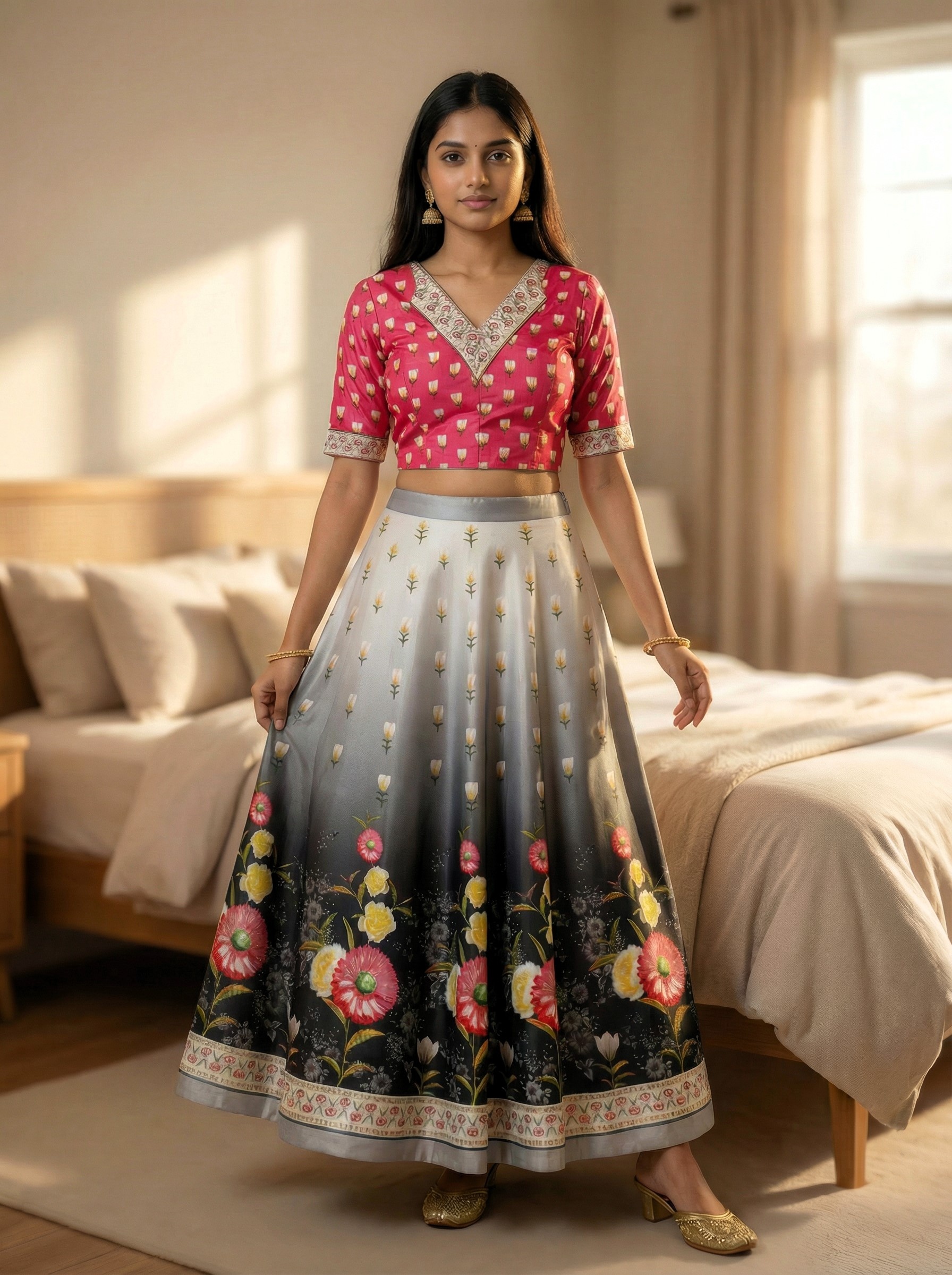 Rani Pink Gradient Floral Silk Blend Lehenga Choli