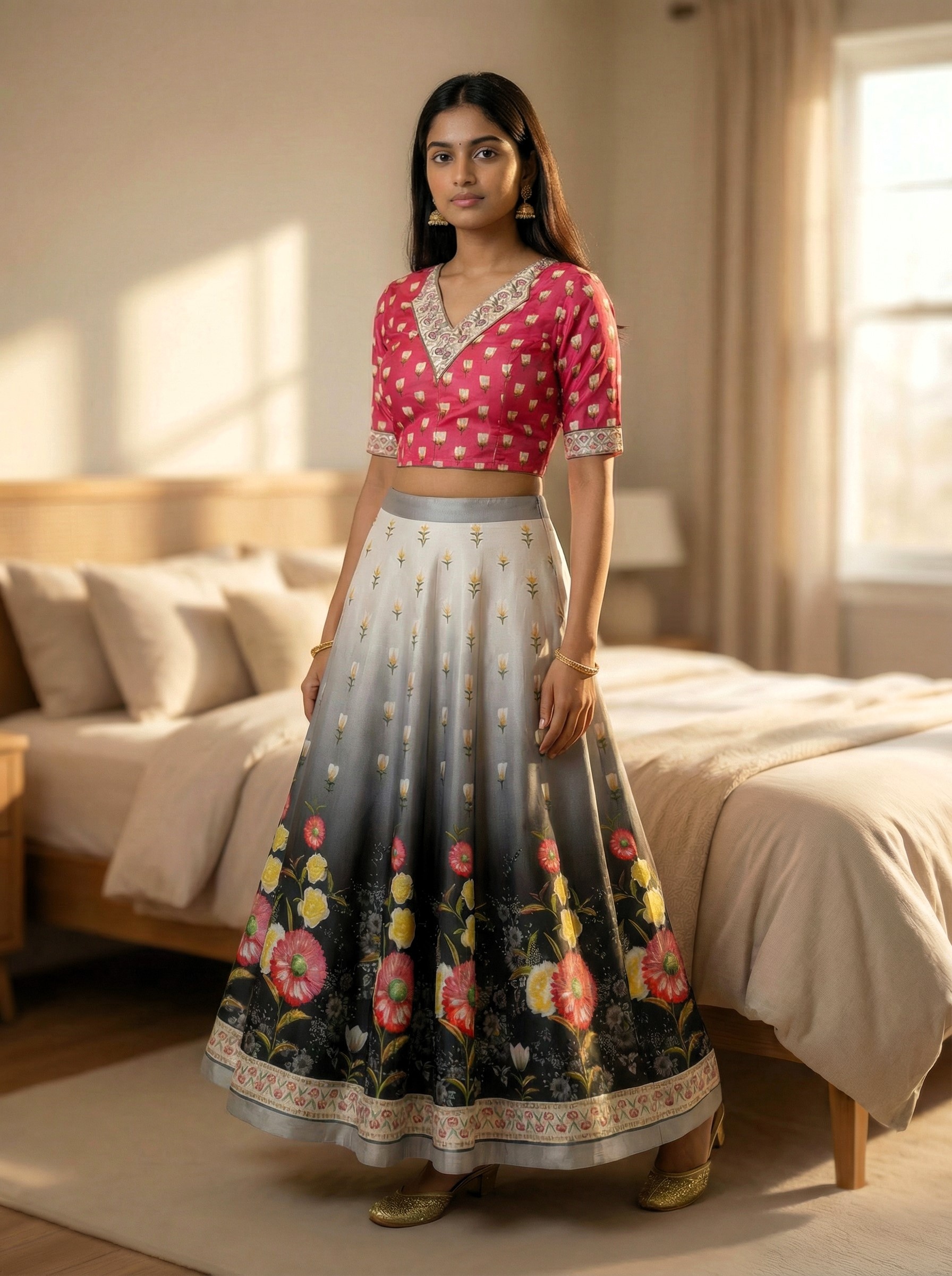 Rani Pink Gradient Floral Silk Blend Lehenga Choli — alternate view