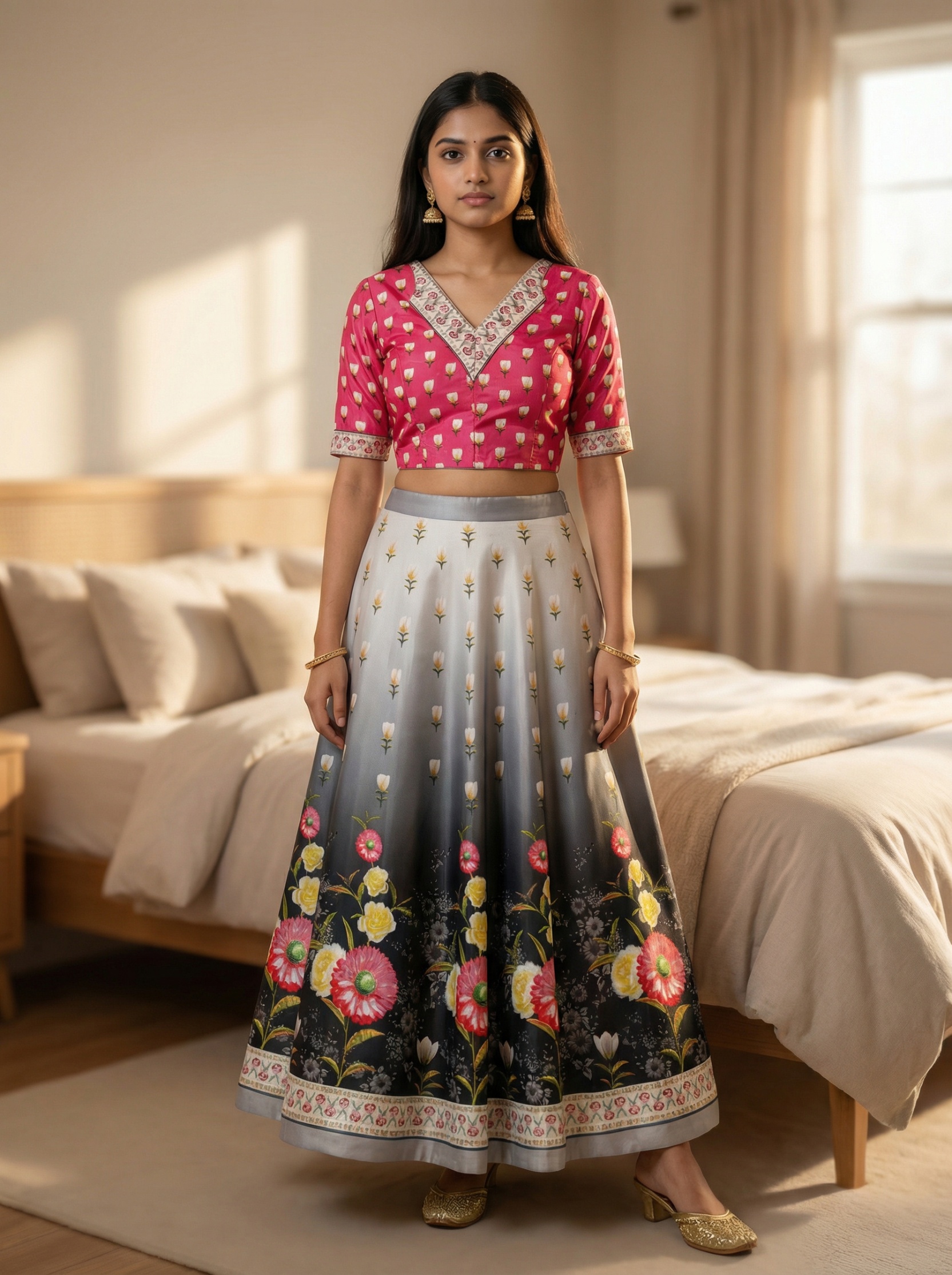 Rani Pink Gradient Floral Silk Blend Lehenga Choli