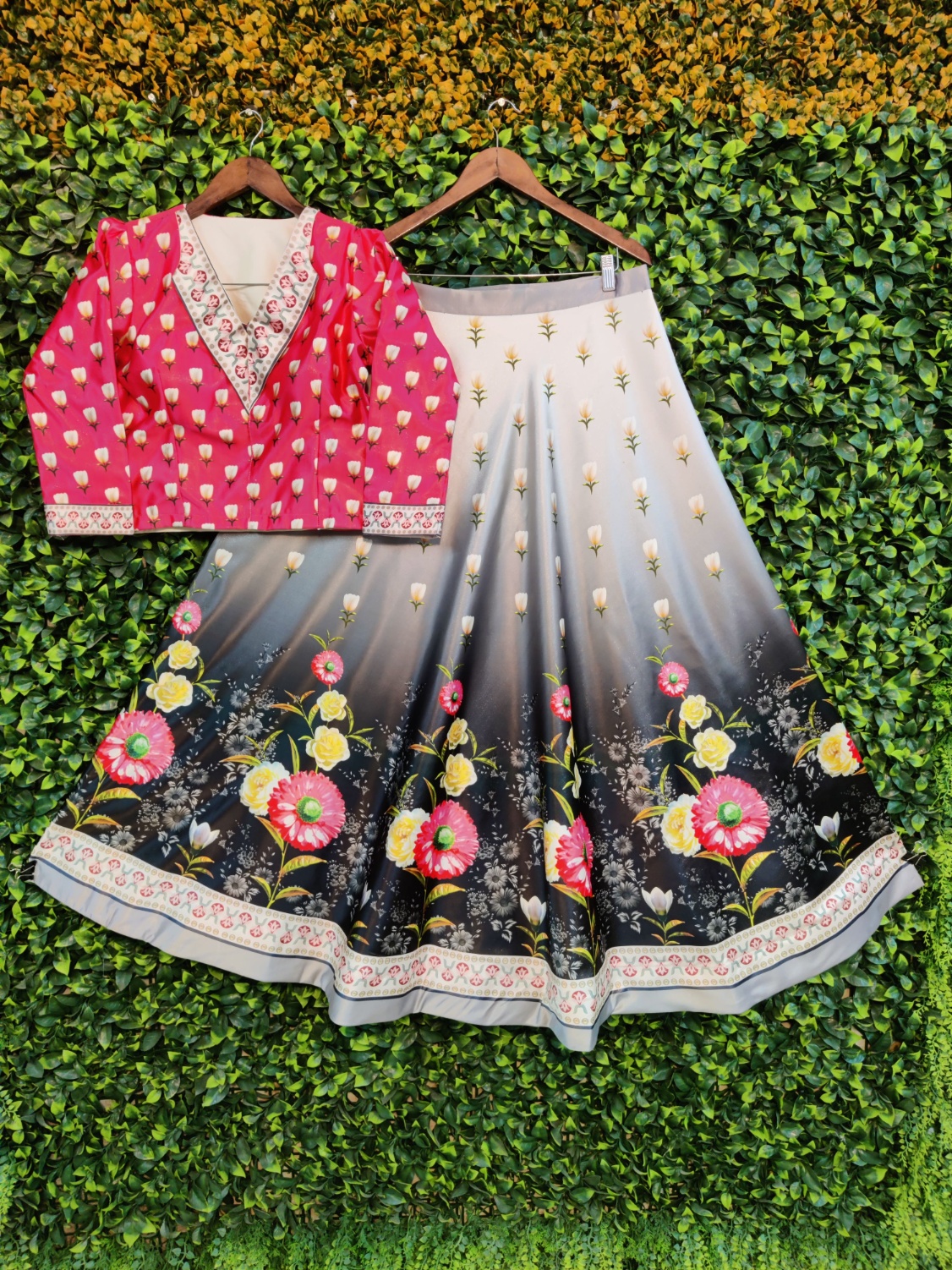 Rani Pink Gradient Floral Silk Blend Lehenga Choli