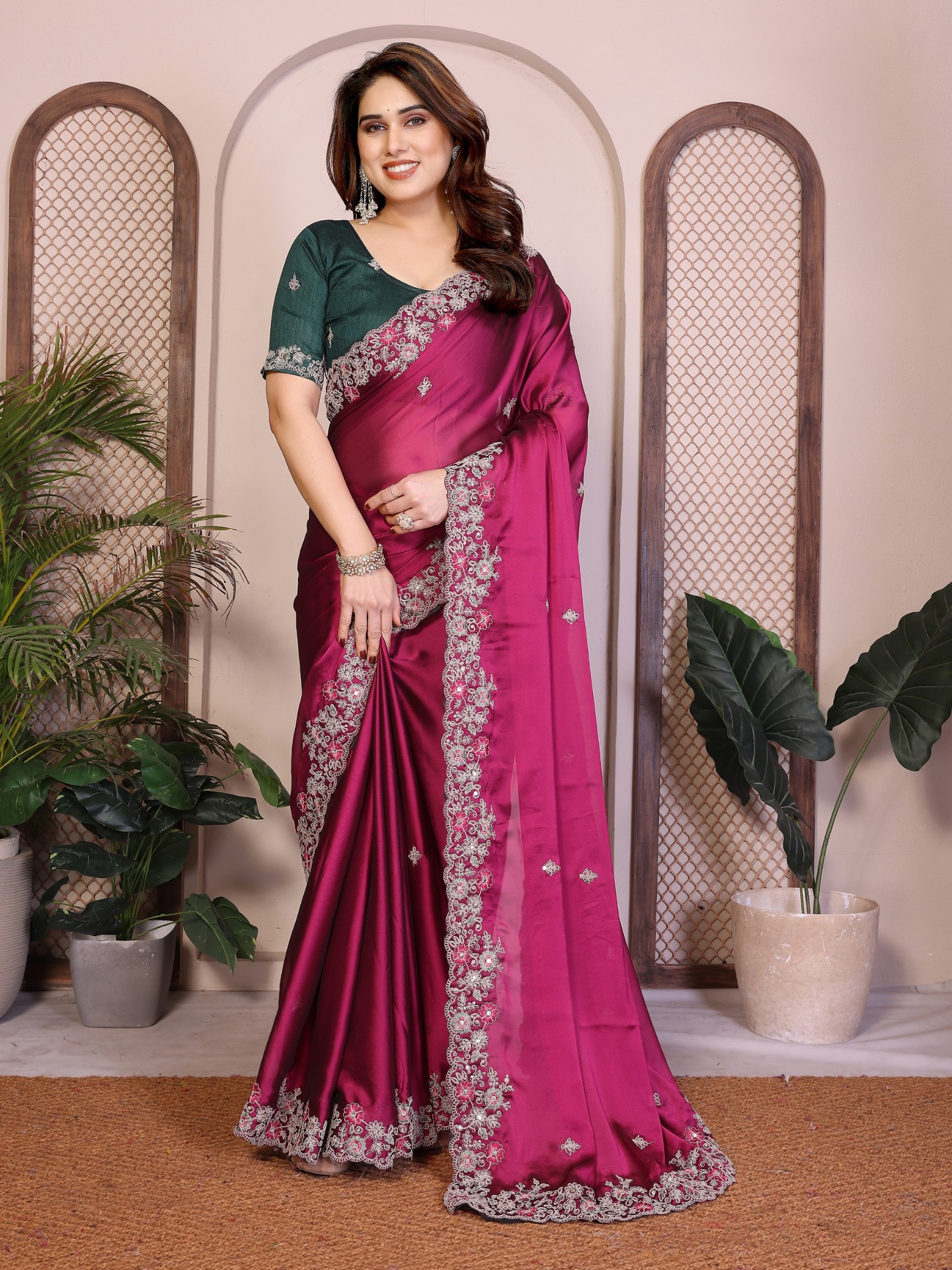 Rani Pink Green Embroidered Rangoli Saree