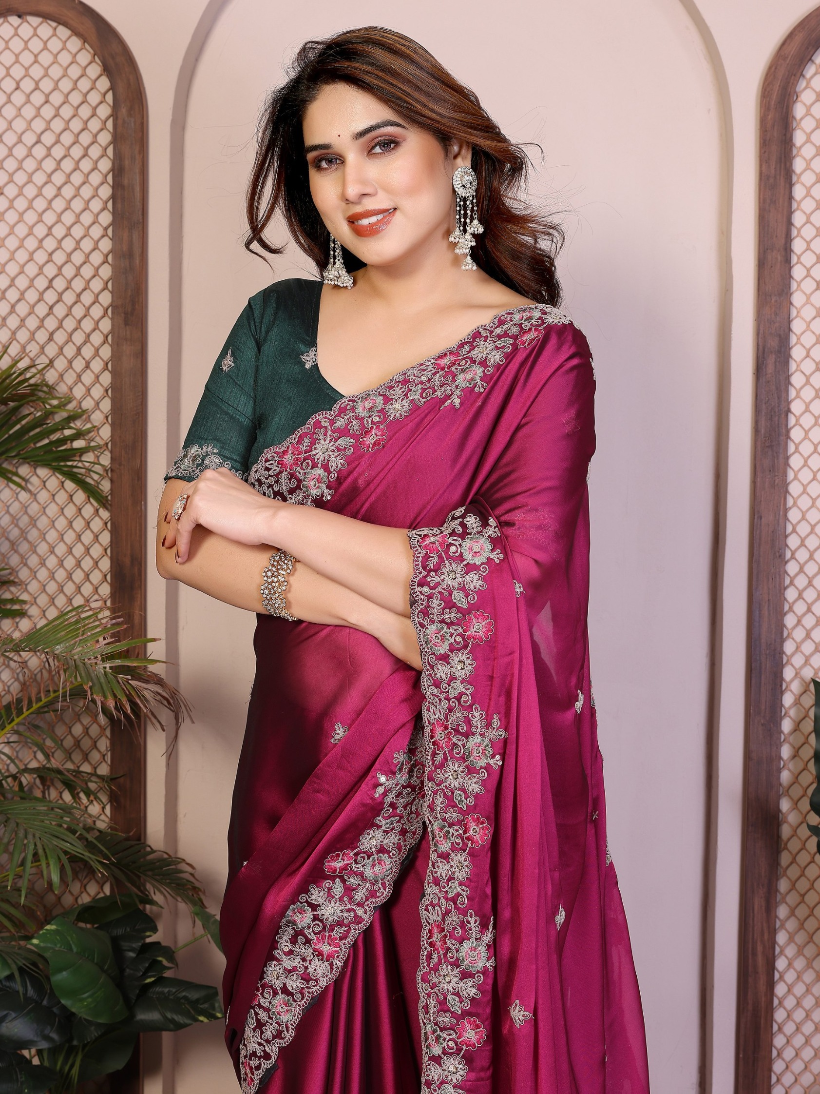 Rani Pink Green Embroidered Rangoli Saree — alternate view