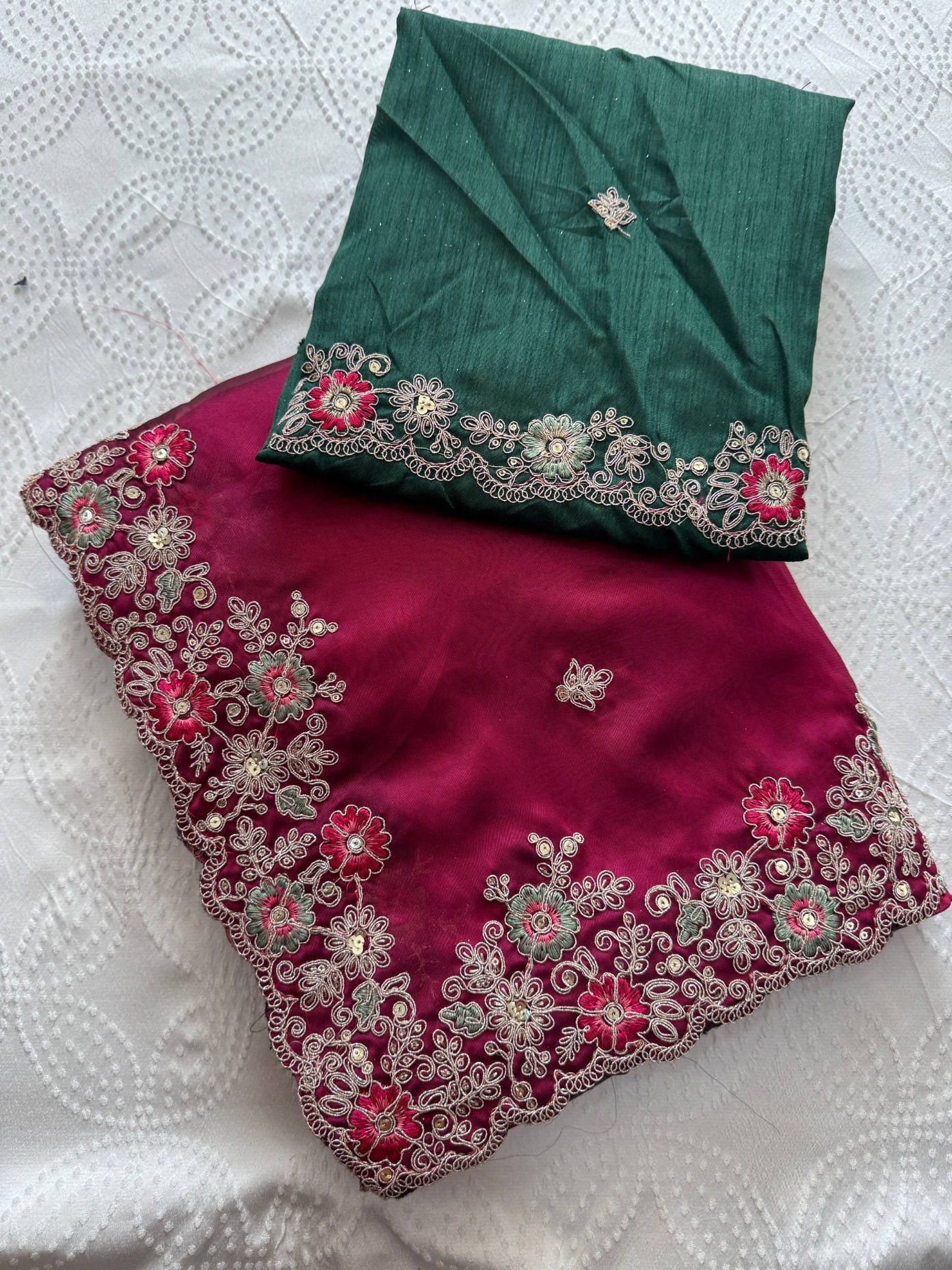 Rani Pink Green Embroidered Rangoli Saree