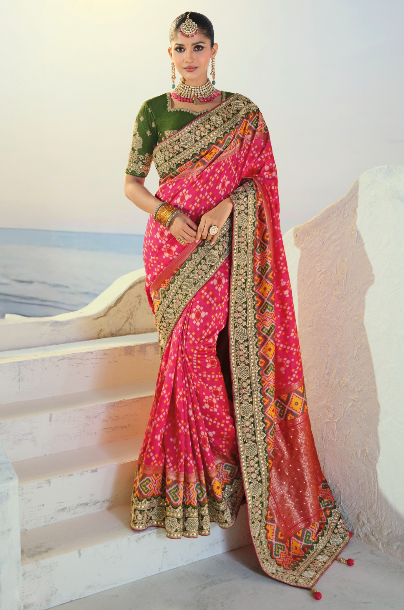 Rani Pink Green Patola Mirrorwork Pure Patan Saree