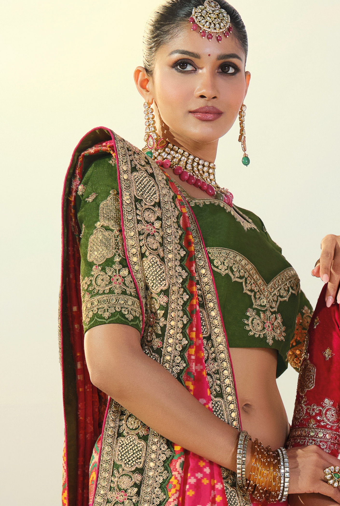Rani Pink Green Patola Mirrorwork Pure Patan Saree — alternate view