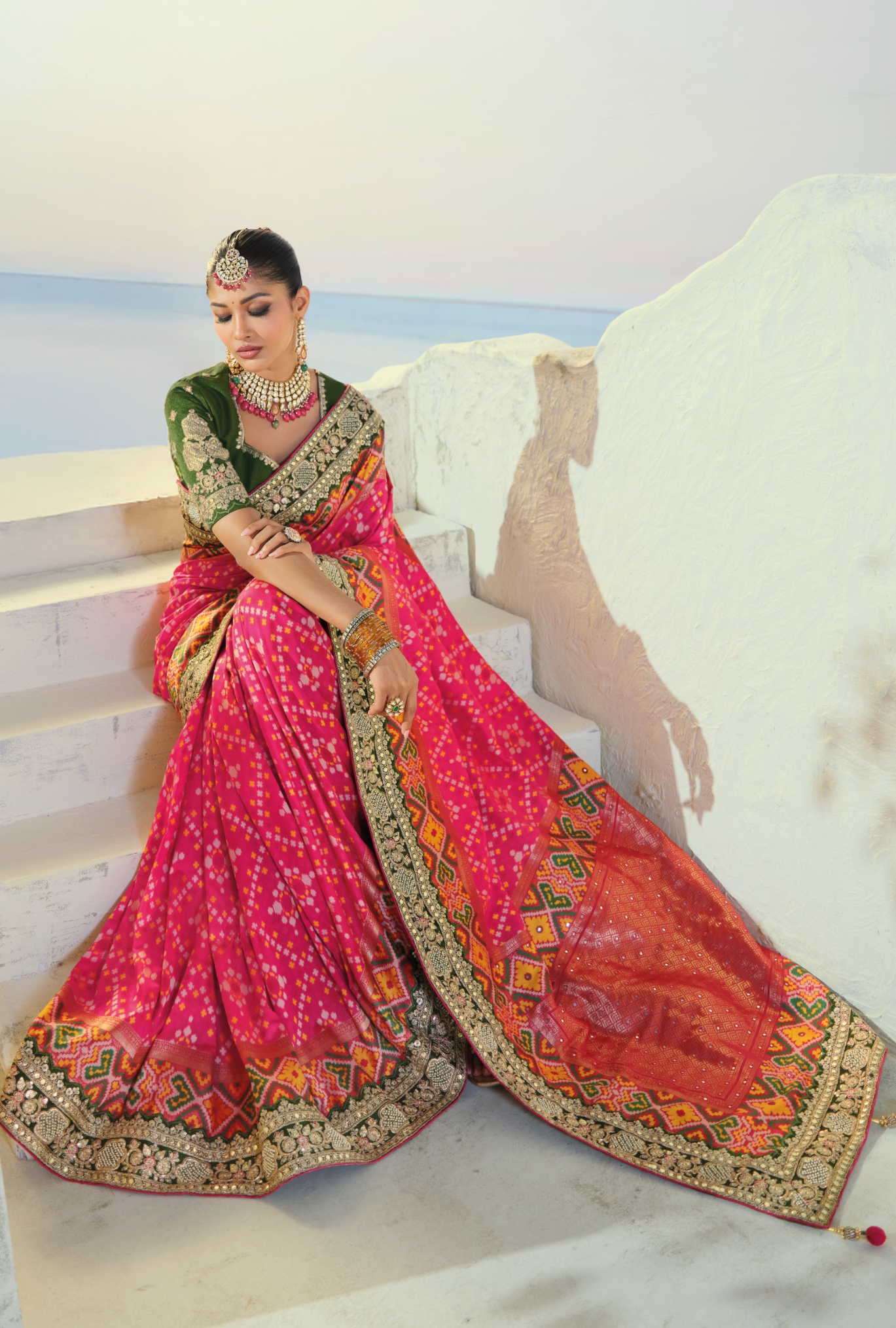 Rani Pink Green Patola Mirrorwork Pure Patan Saree