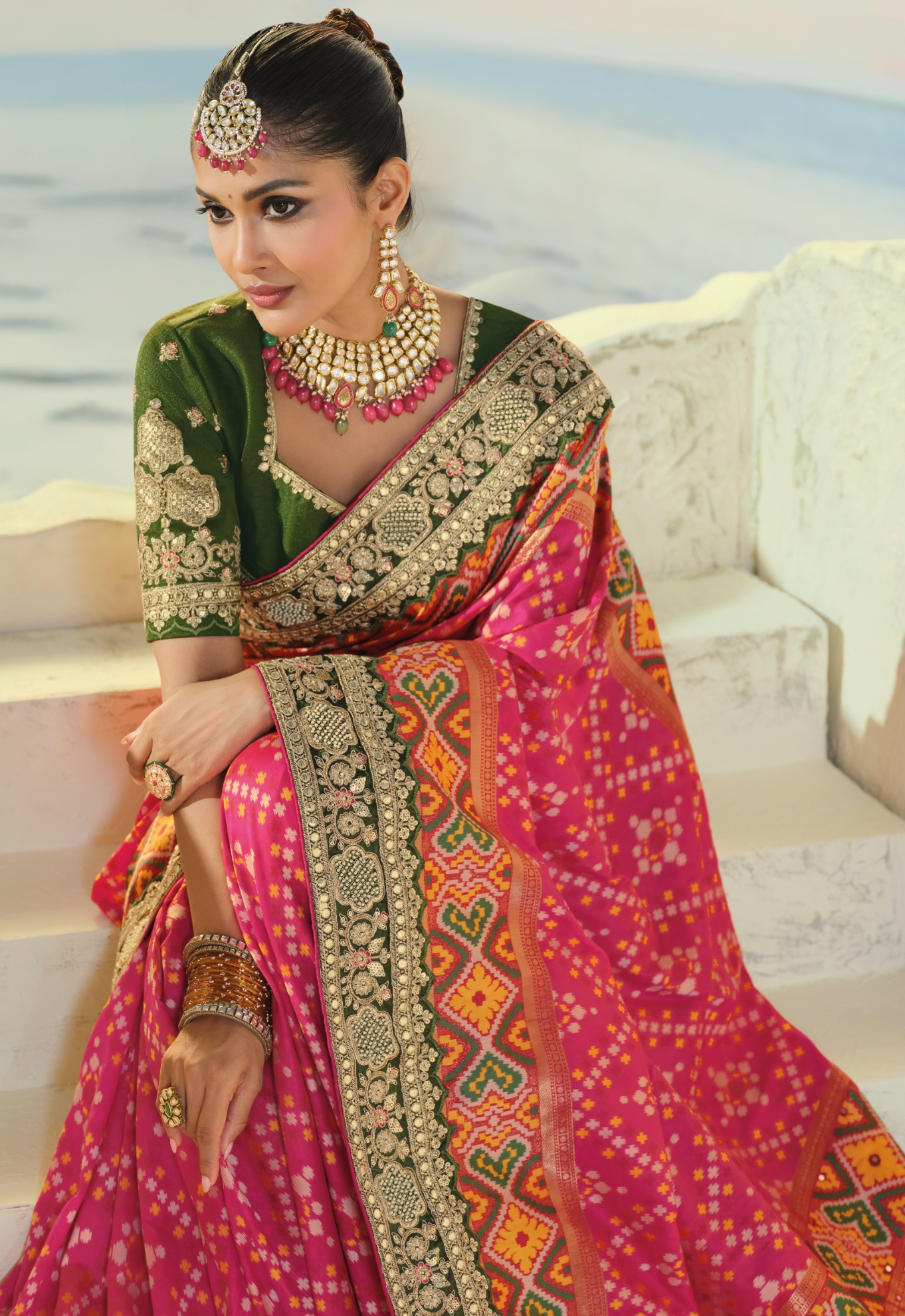 Rani Pink Green Patola Mirrorwork Pure Patan Saree