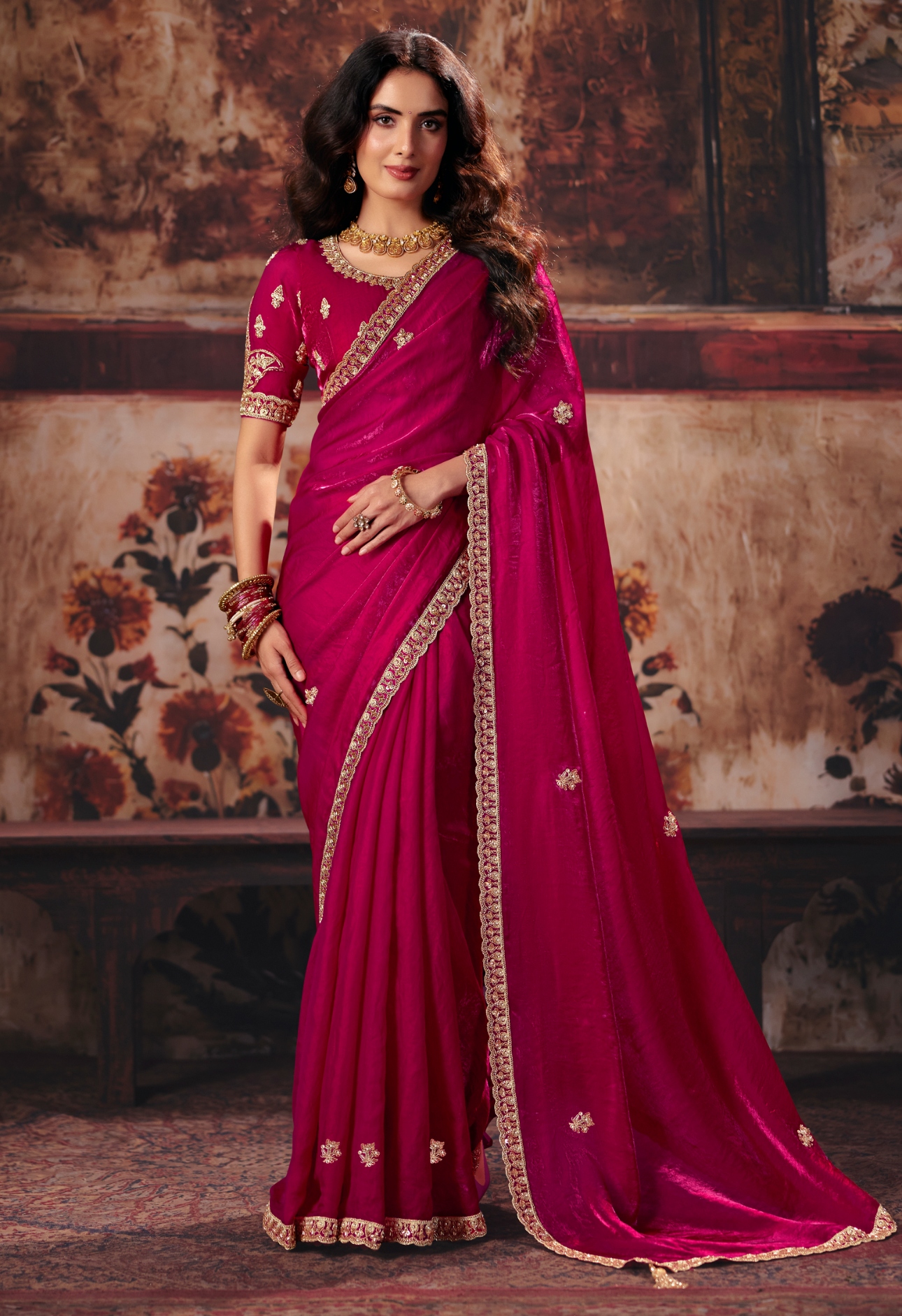 Rani Pink Hand Work Fendy Satin Saree