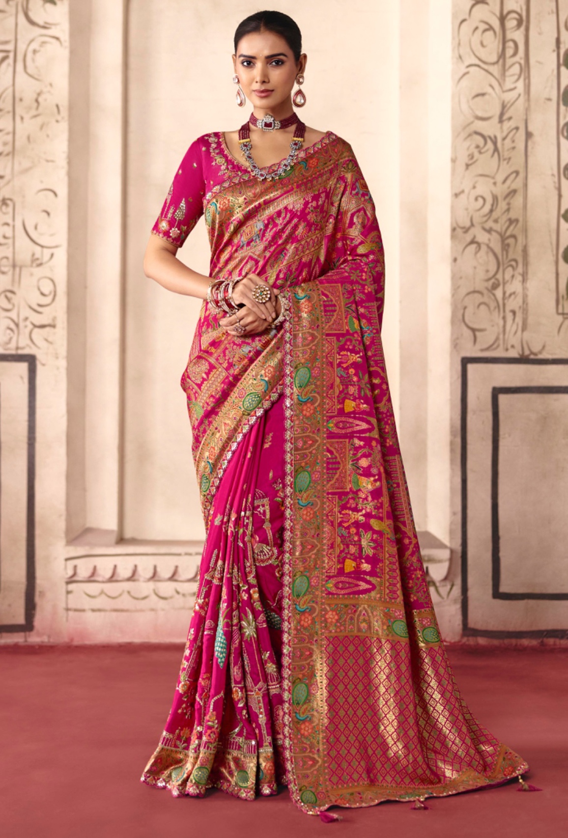 Rani Pink Heavy Embroidery Sequin Dola Silk Saree