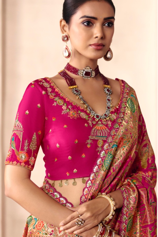 Rani Pink Heavy Embroidery Sequin Dola Silk Saree