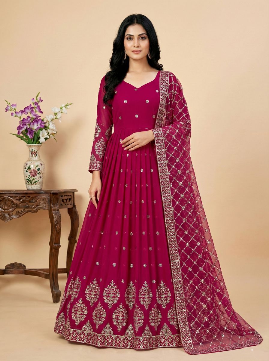 Rani Pink Heavy Faux Georgette Embroidered Sequence Anarkali Gown