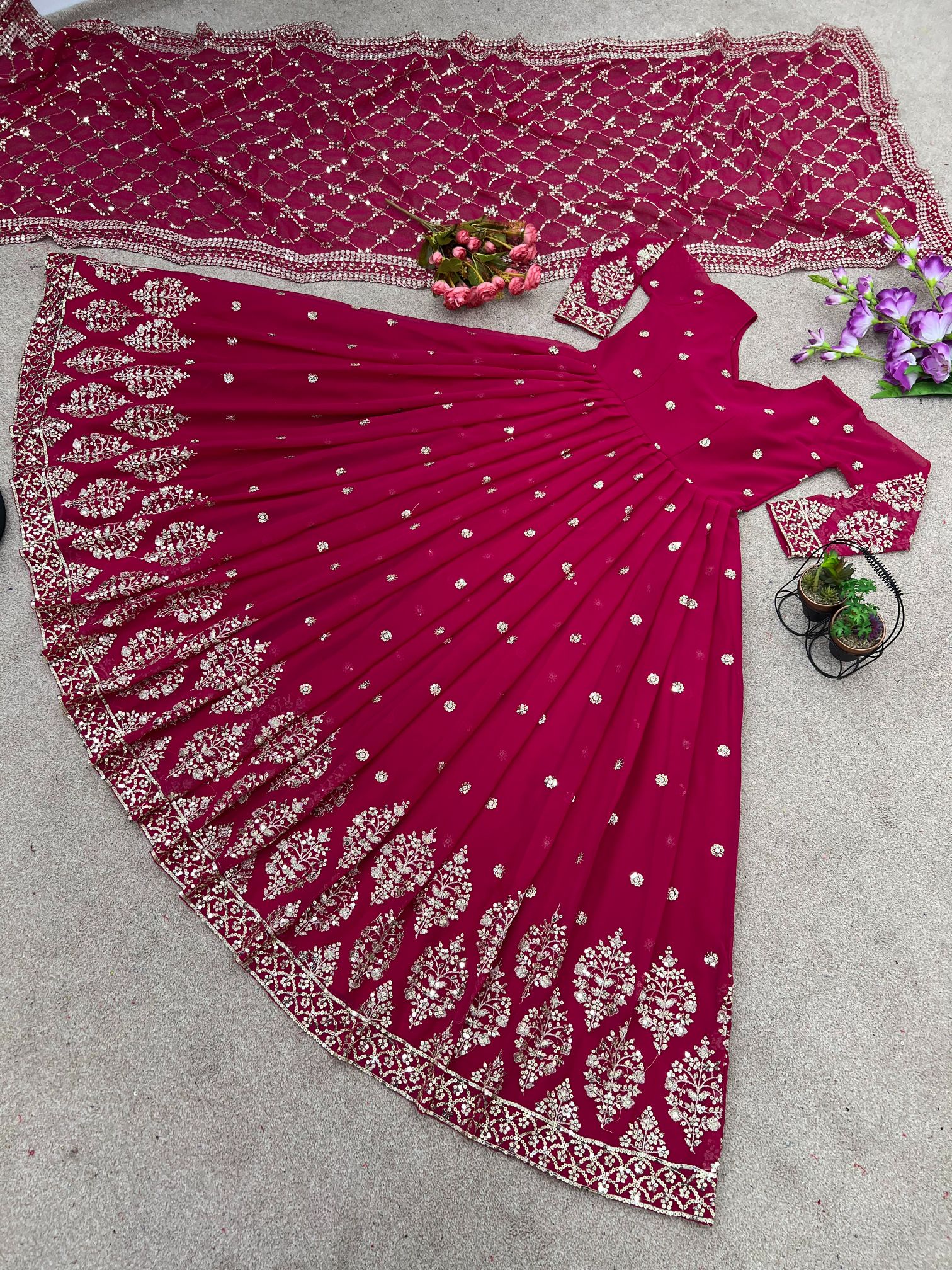 Rani Pink Heavy Faux Georgette Embroidered Sequence Anarkali Gown