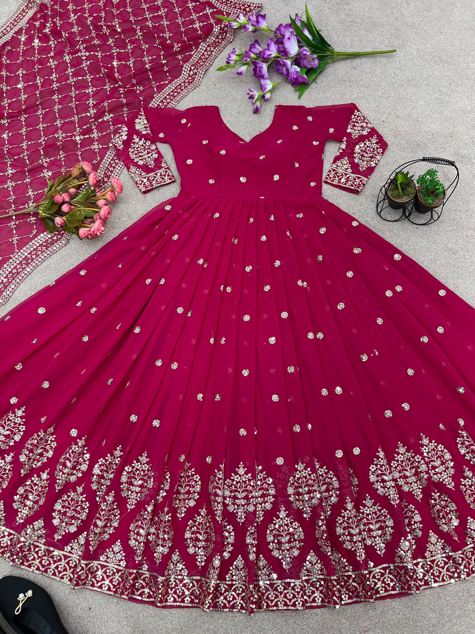 Rani Pink Heavy Faux Georgette Embroidered Sequence Anarkali Gown