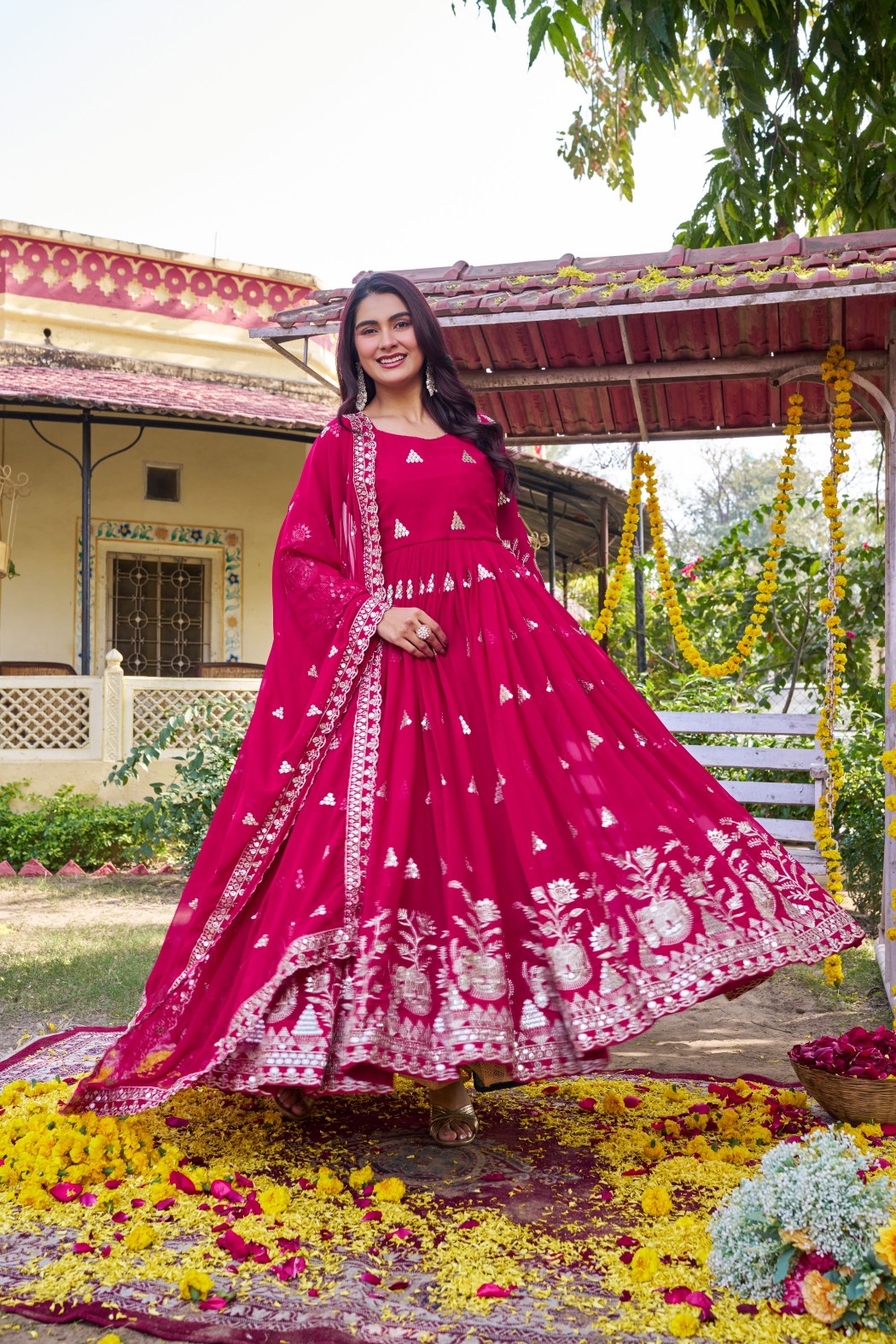 Rani Pink Heavy Sequin Embroidered Fox Georgette Gown Set