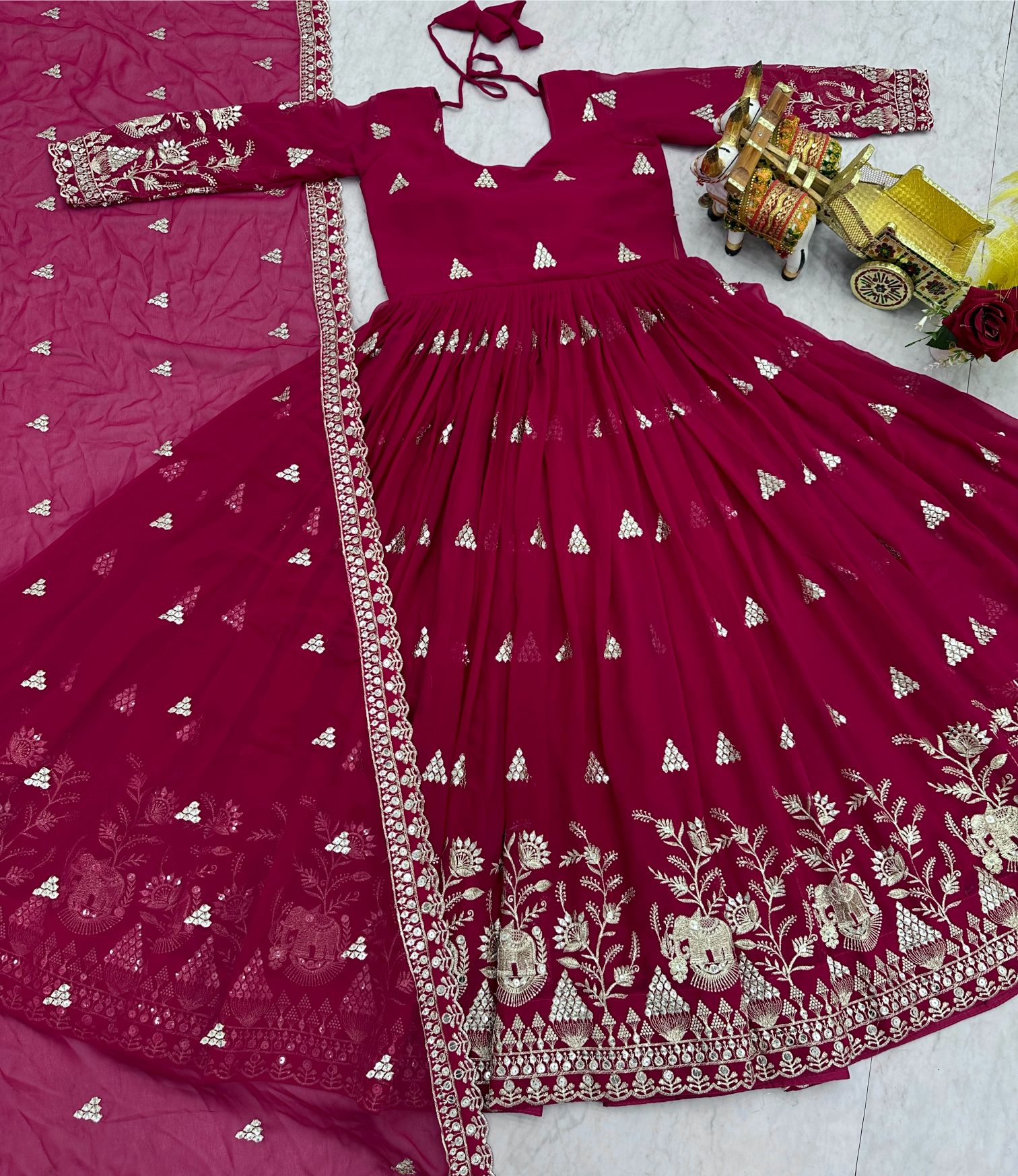Rani Pink Heavy Sequin Embroidered Fox Georgette Gown Set