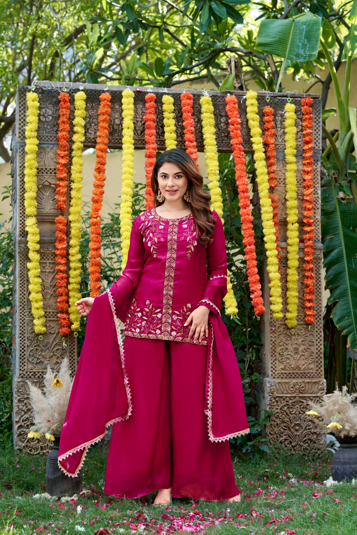 Rani Pink Heritage Embroidered Palazzo Suit