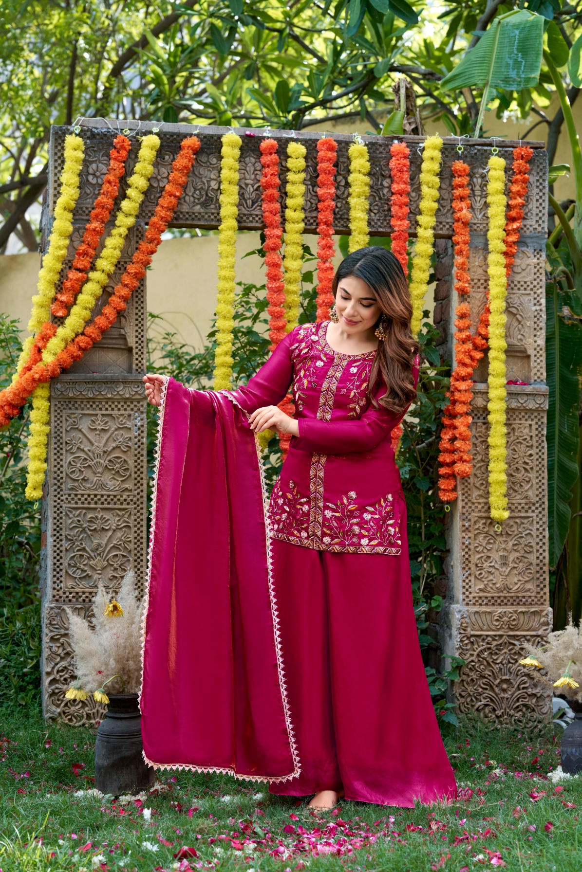 Rani Pink Heritage Embroidered Palazzo Suit