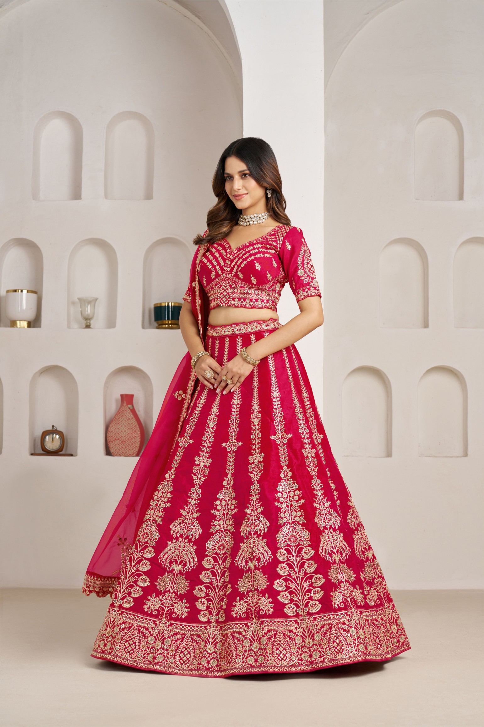 Rani Pink Heritage Embroidery Silk Panelled Lehenga Choli