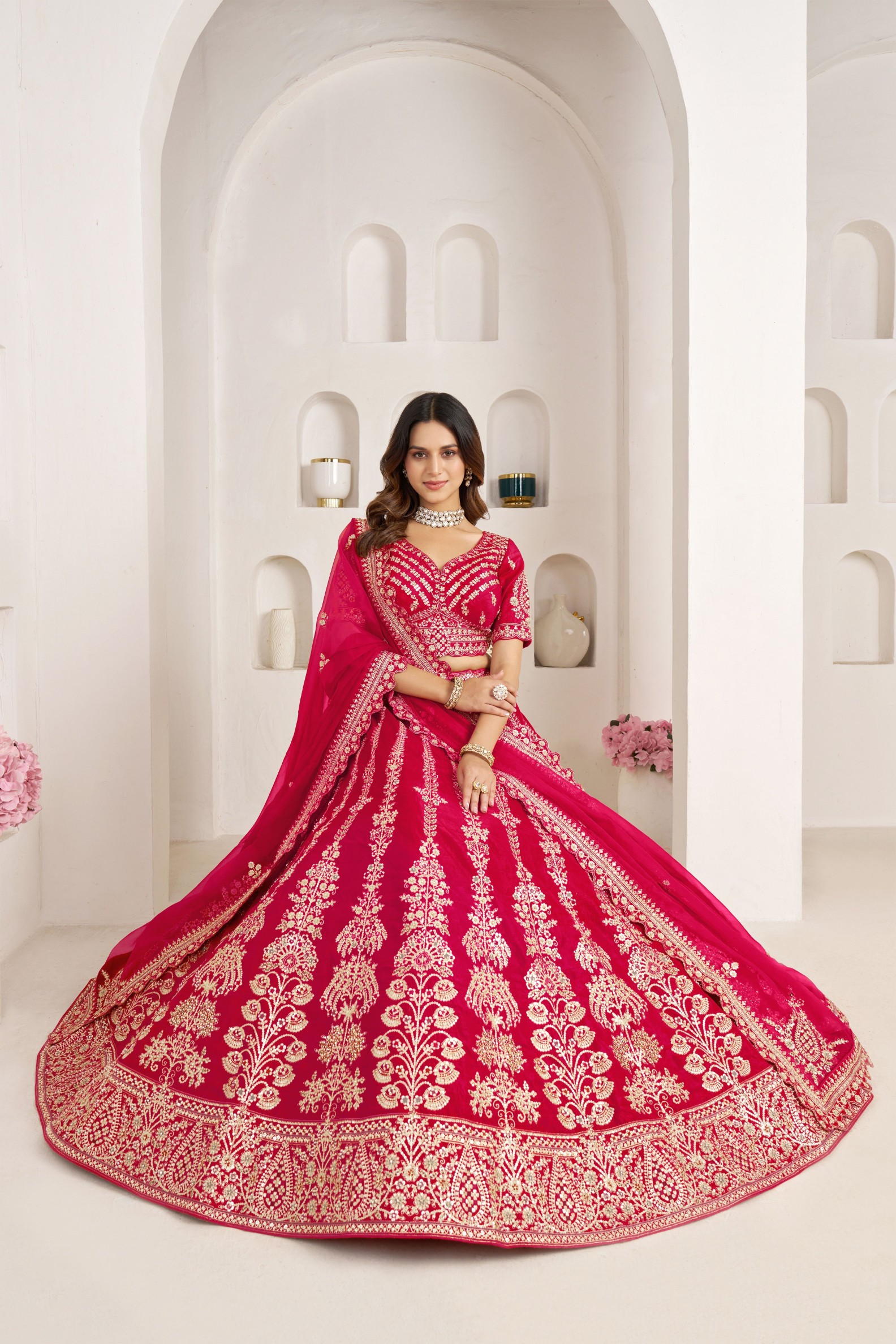 Rani Pink Heritage Embroidery Silk Panelled Lehenga Choli
