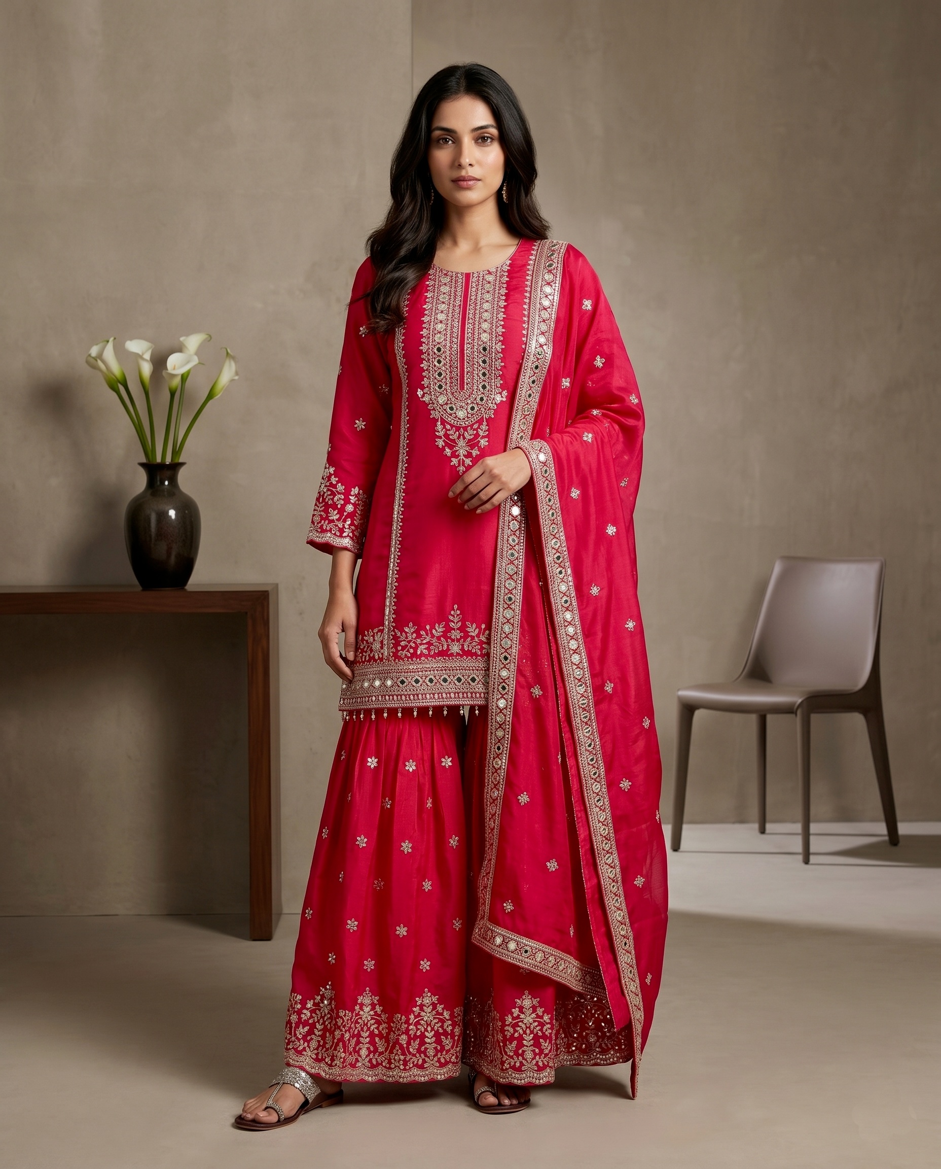 Rani Pink Heritage Motif Pure Fendy Silk Sharara Suit