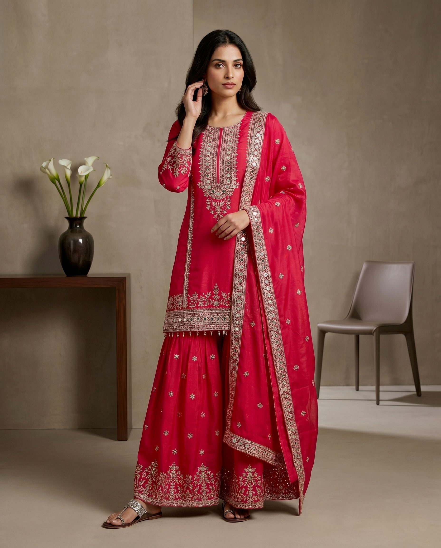 Rani Pink Heritage Motif Pure Fendy Silk Sharara Suit — alternate view