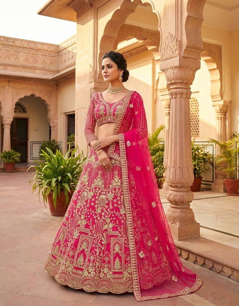 Rani Pink Heritage Motif Sequins Soft Net Lehenga Choli