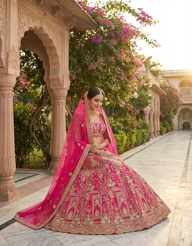 Rani Pink Heritage Motif Sequins Soft Net Lehenga Choli