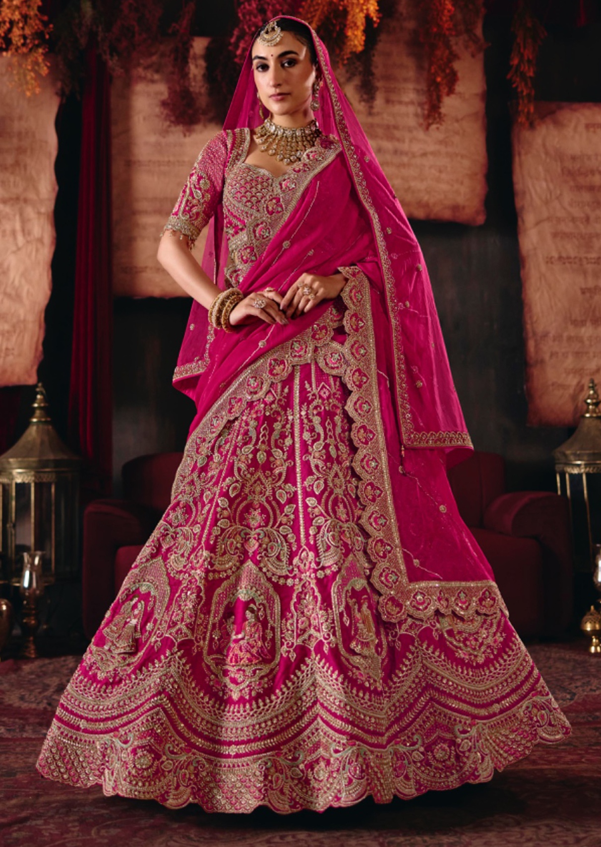 Rani Pink Heritage Silk Panelled Lehenga Choli