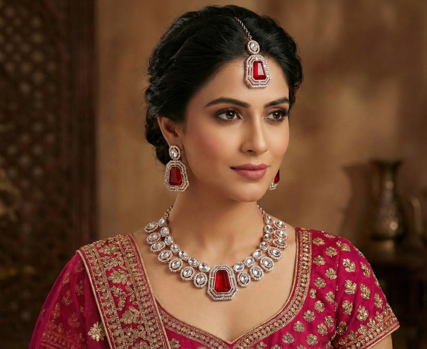 Rani Pink Heritage Stone Alloy Bridal Necklace