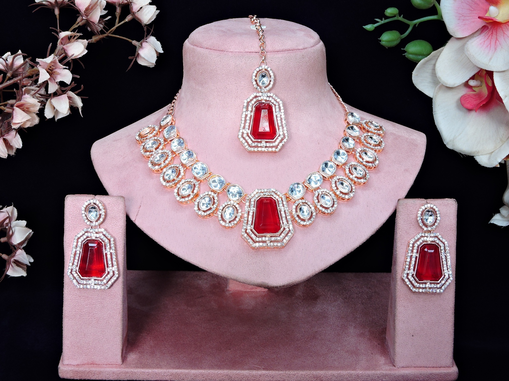 Rani Pink Heritage Stone Alloy Bridal Necklace — alternate view