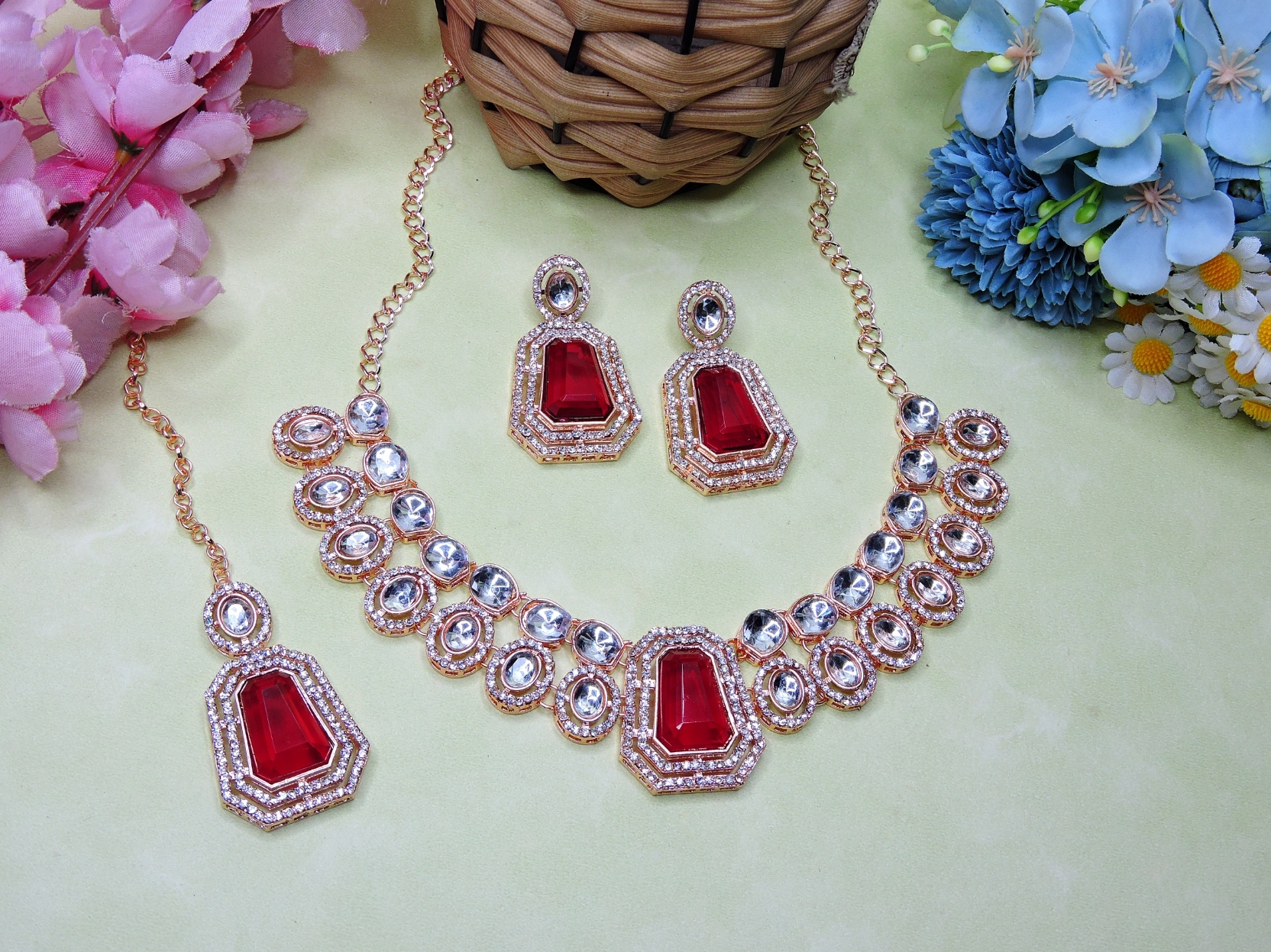 Rani Pink Heritage Stone Alloy Bridal Necklace