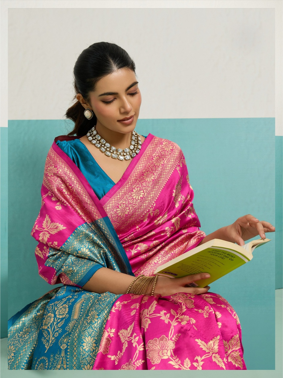 Rani Pink Jaal Banarasi Silk Saree — alternate view