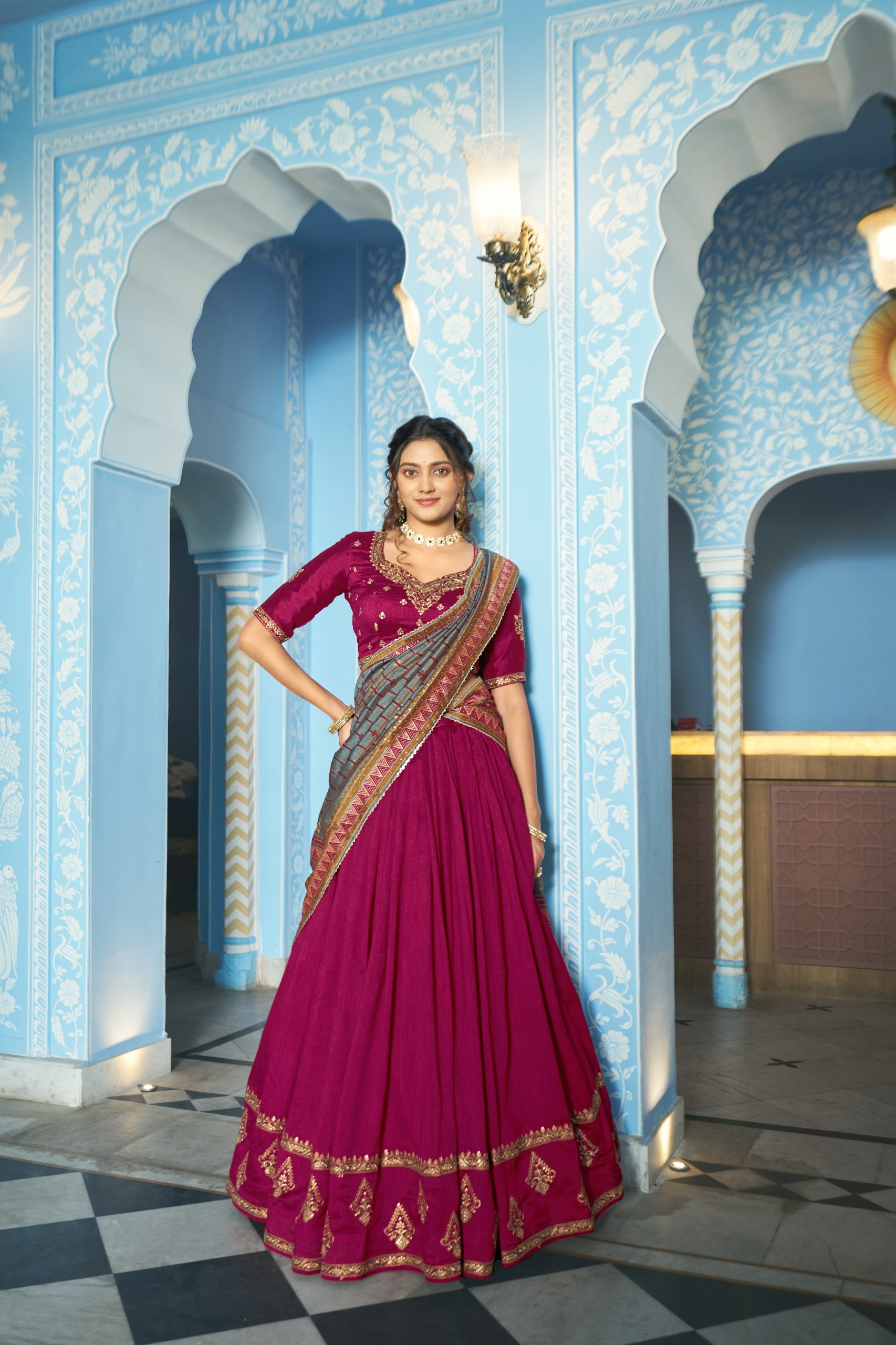 Rani Pink Mughal Embroidered Vichitra Silk Lehenga Choli