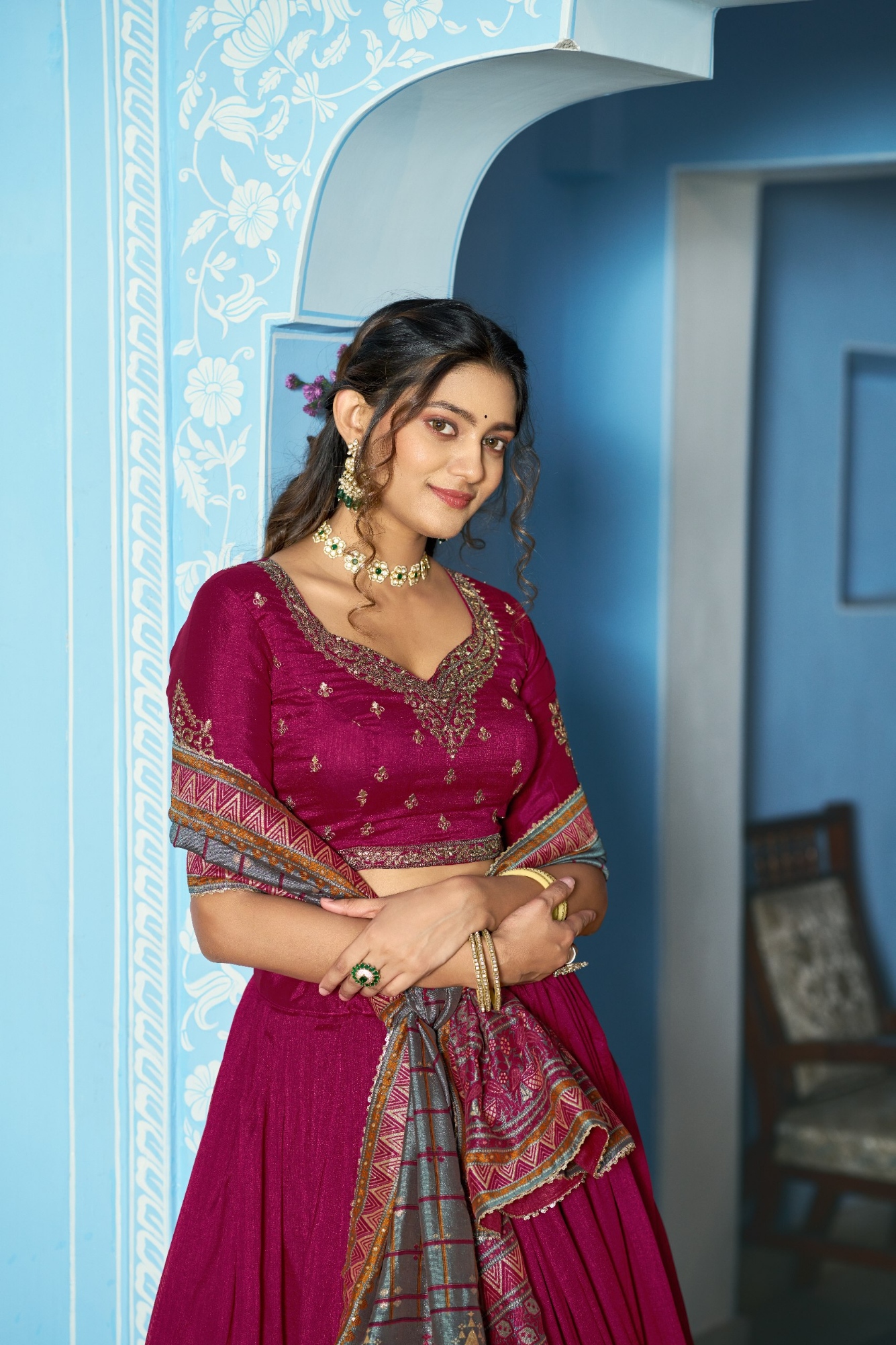 Rani Pink Mughal Embroidered Vichitra Silk Lehenga Choli — alternate view