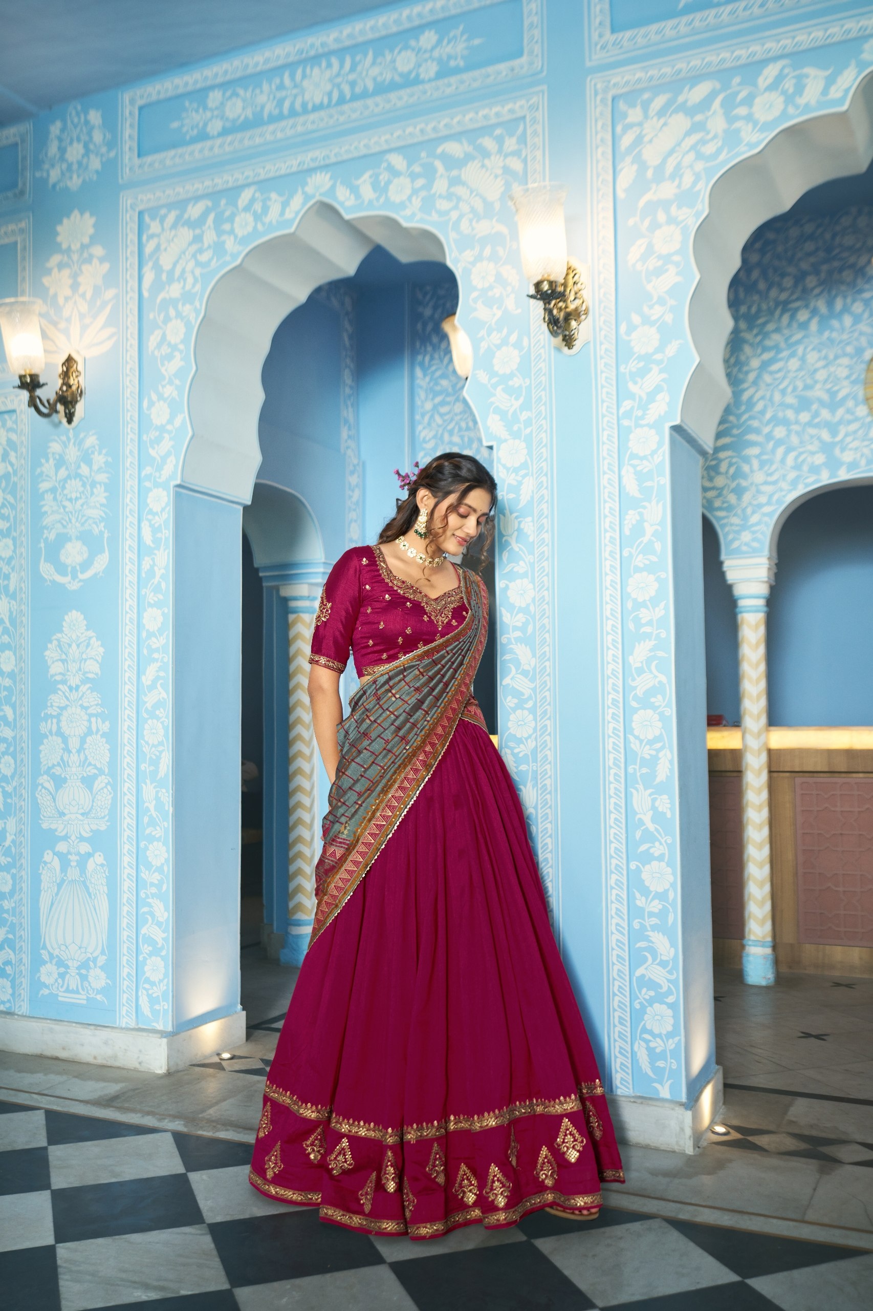 Rani Pink Mughal Embroidered Vichitra Silk Lehenga Choli