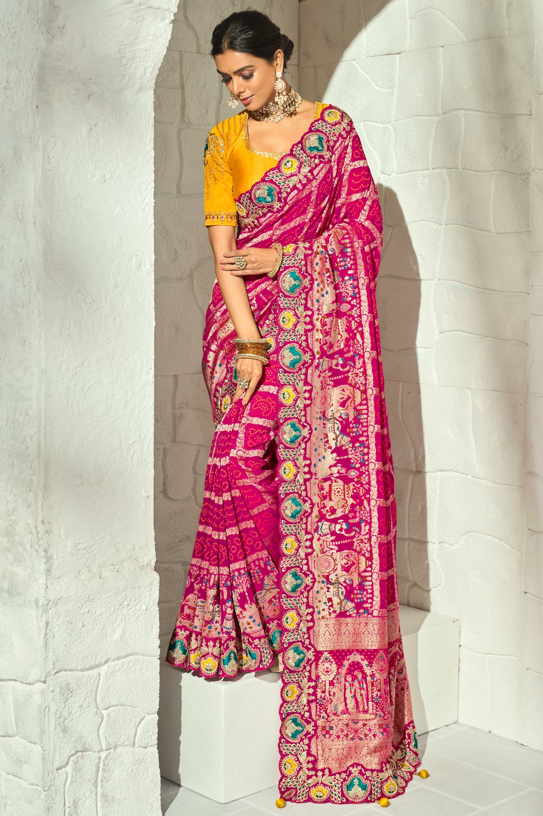 Rani Pink Mustard Bandhej Cut-Dana Work Georgette Saree