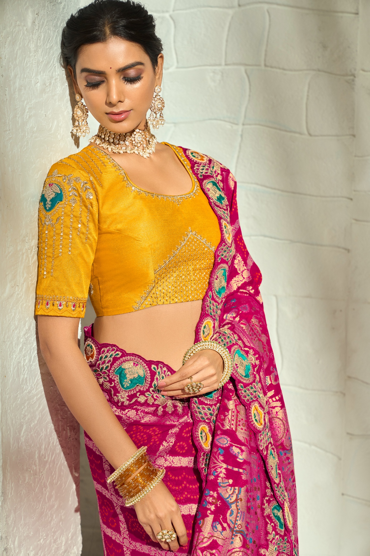 Rani Pink Mustard Bandhej Cut-Dana Work Georgette Saree — alternate view