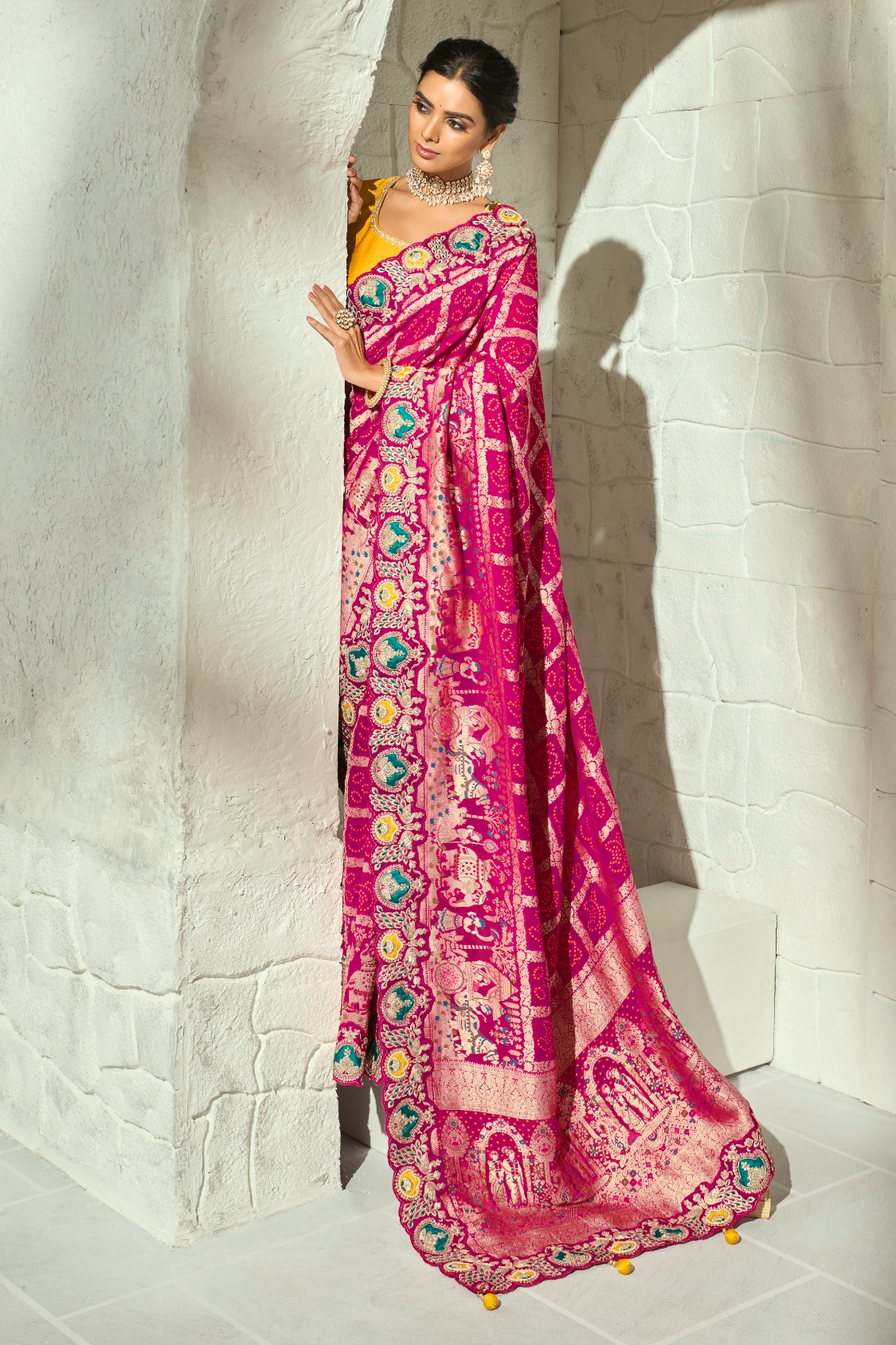 Rani Pink Mustard Bandhej Cut-Dana Work Georgette Saree